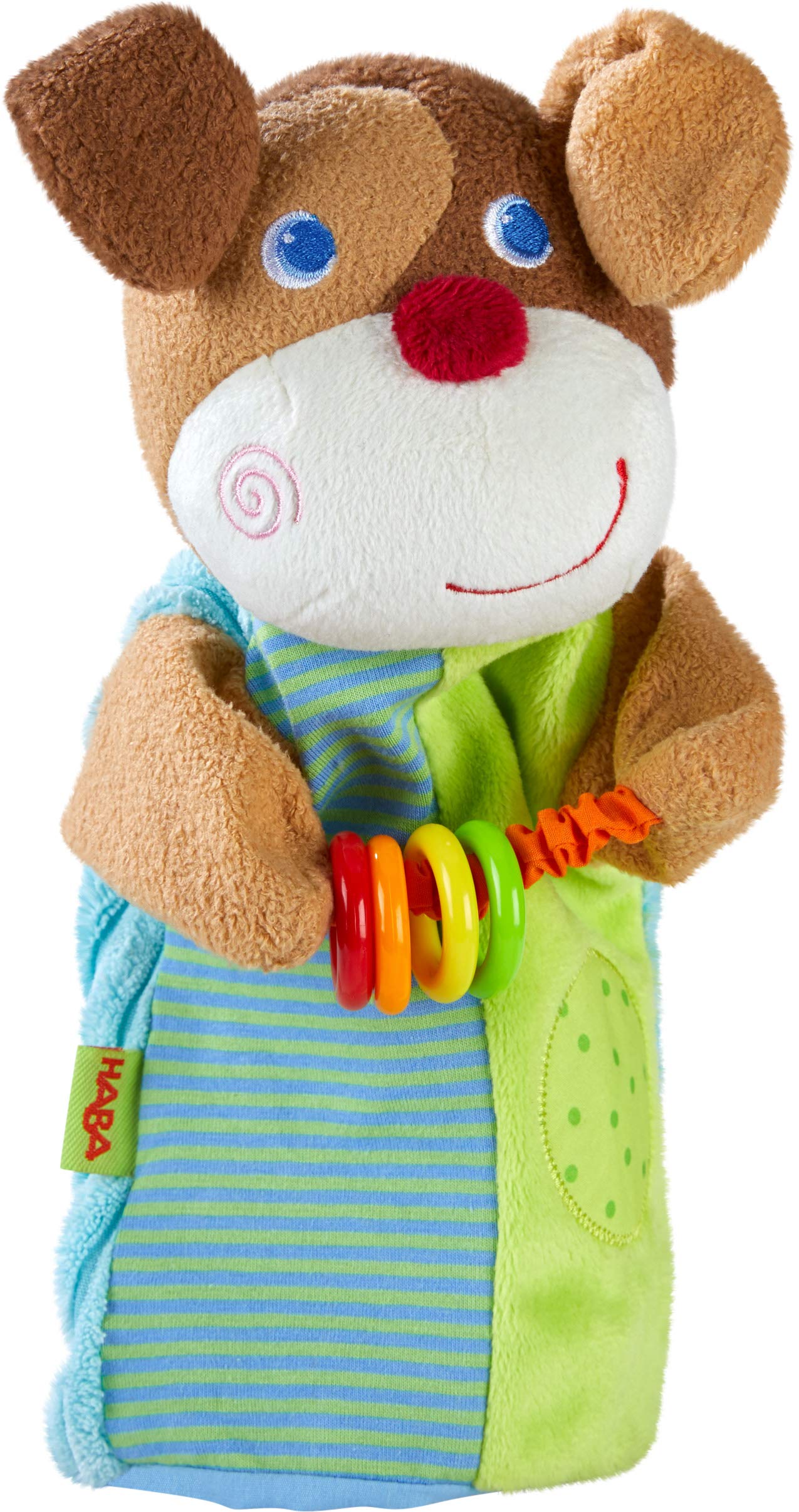Haba 304930 - Muñeca musical Haba (fabricada con materiales blandos, con anillos de plástico para efectos acústicos, juguete a partir de 18 meses) , color/modelo surtido
