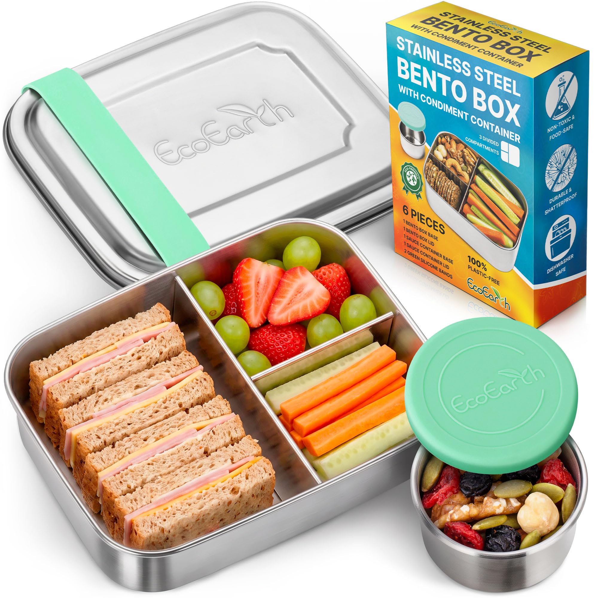 EcoEarth Stainless Steel Lunchbox - 1200 mL, Green - Leakproof Metal, Packed Lunch Box for Adults with 3 Compartments - Large Food Tin with Condiment Cup - Snack Tiffin for Office