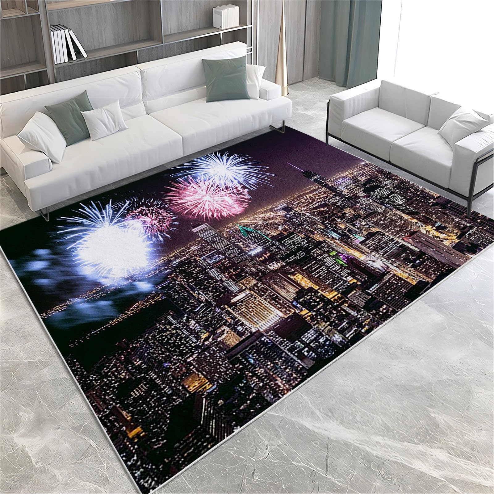 Dywan do sypialni, 80 x 150 cm, nocne fajerwerki w Nowym Jorku, nadruk dekoracyjny, miękki dywan z krótkim włosiem, antypoślizgowy, nadaje się do prania, do korytarza, jadalni, kuchni i pokoju