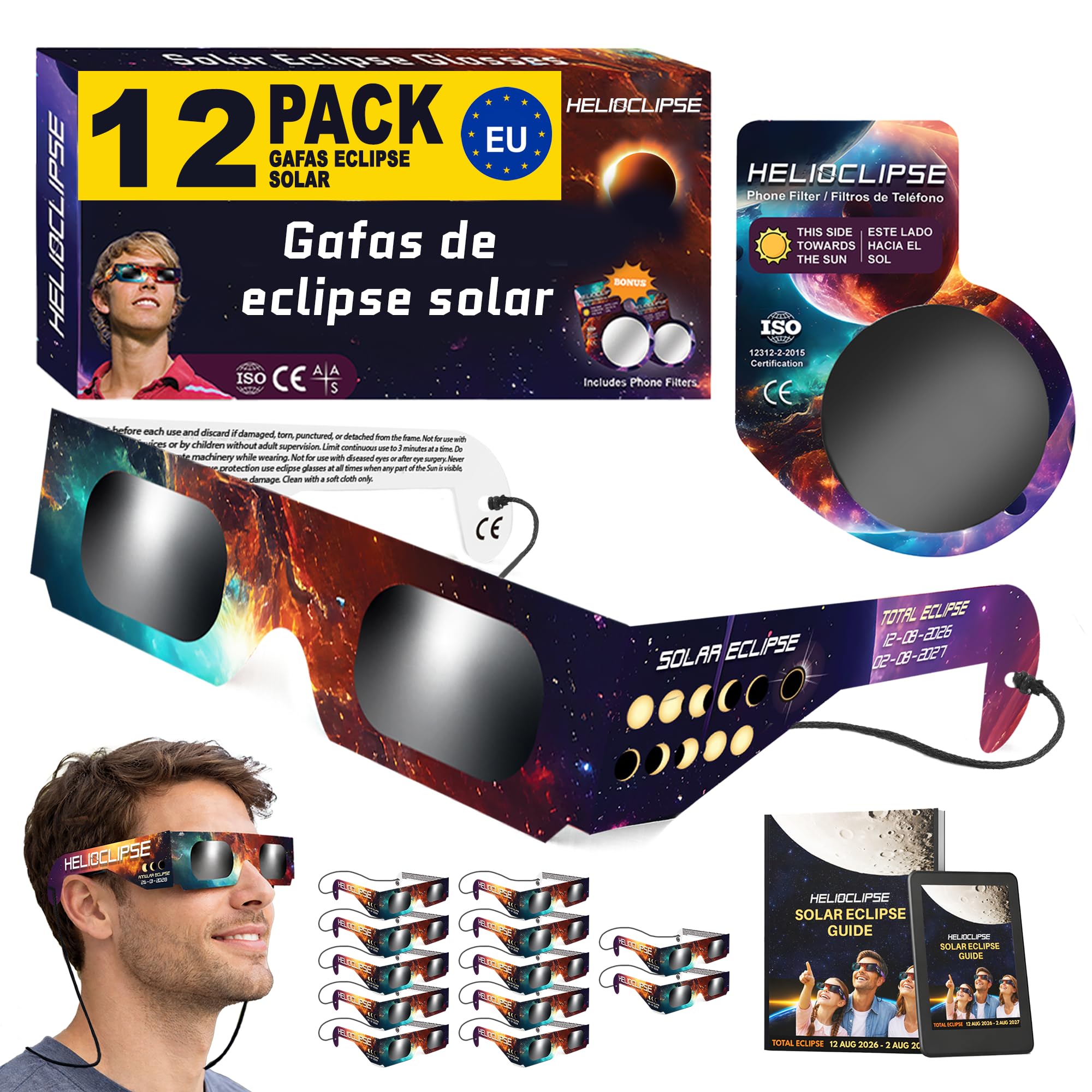 Helioclipse 12/25/50/100 Gafas Eclipse Solar Homologadas ISO 12312-2 CE para Ver Eclipse Solar 2026, Gafas de Eclipse Solar Seguras Certificadas