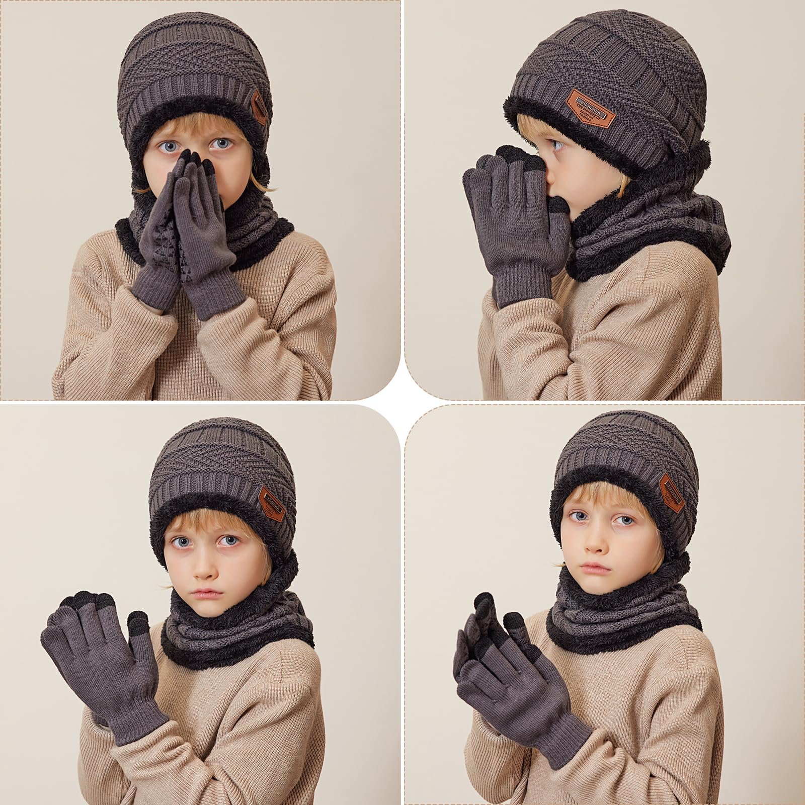 Gorro Invierno Niños Niñas Conjunto de Gorro Bufanda y Guantes Niño, Cálido Gorro de Punto Bufanda con Forro Polar Guantes con Pantalla Táctil para Niño Niña de 5 a 10 Años