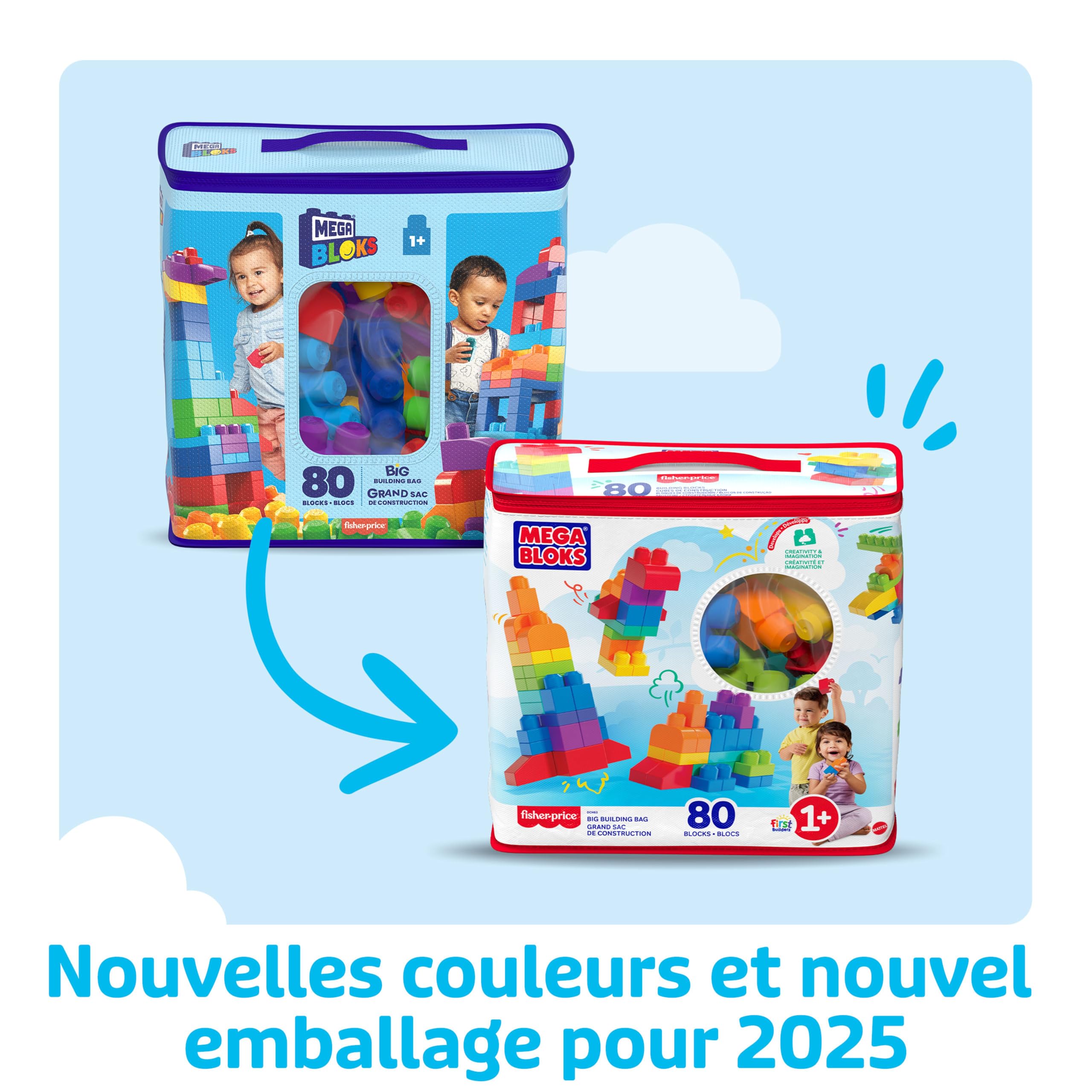 MEGA Bloks Sac bleu, jeu de blocs de construction, 80 pièces, jouet pour bébé et enfant de 1 à 5 ans, DCH63