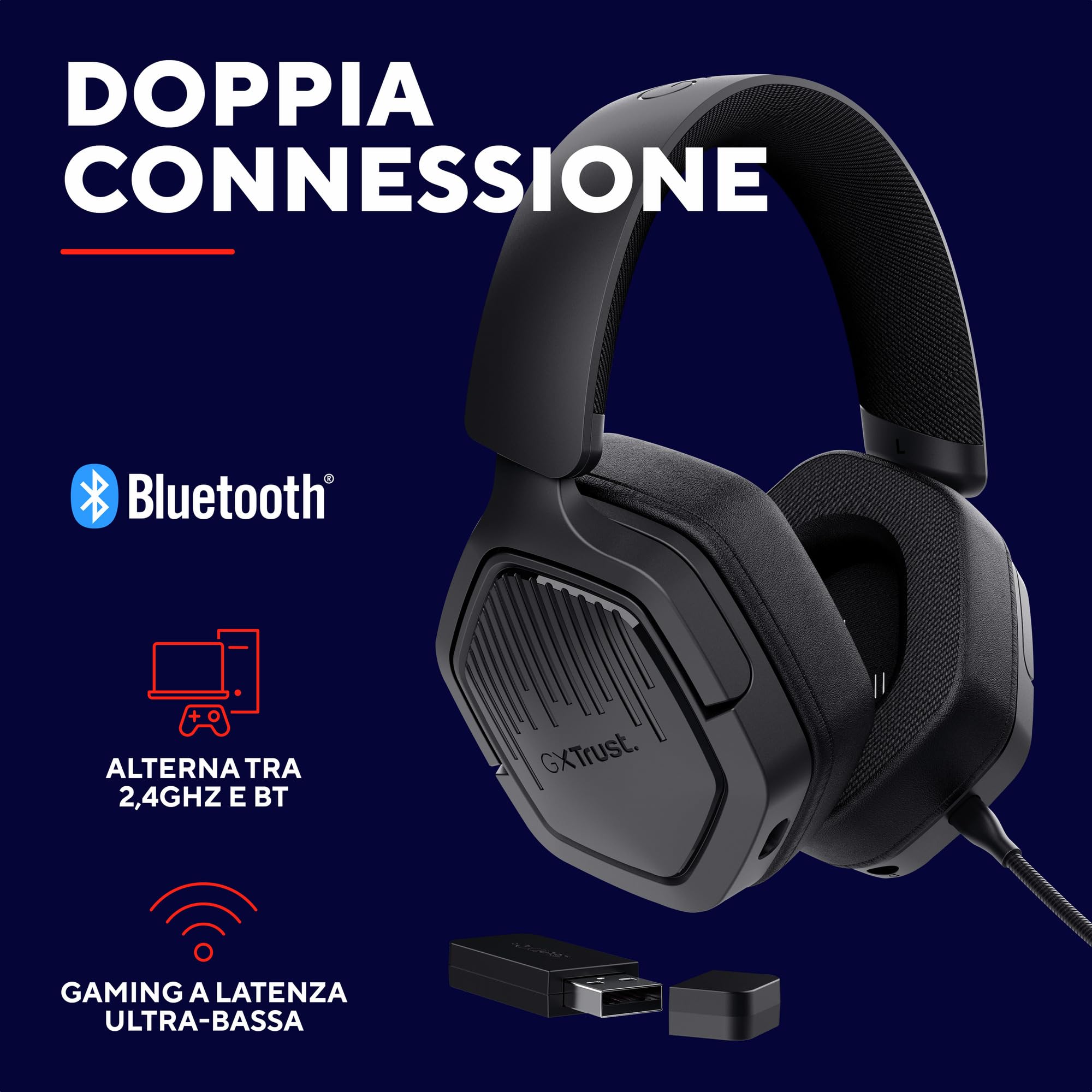 GXTrust 1493 Ravox Cuffie Gaming Wireless Bluetooth + 2.4 GHz per PS5 PS4 Switch PC Mobile, Driver da 50 mm, Batteria da 70 Ore, Bassa Latenza, Cuffie Bluetooth Over Ear con Microfono, Nero