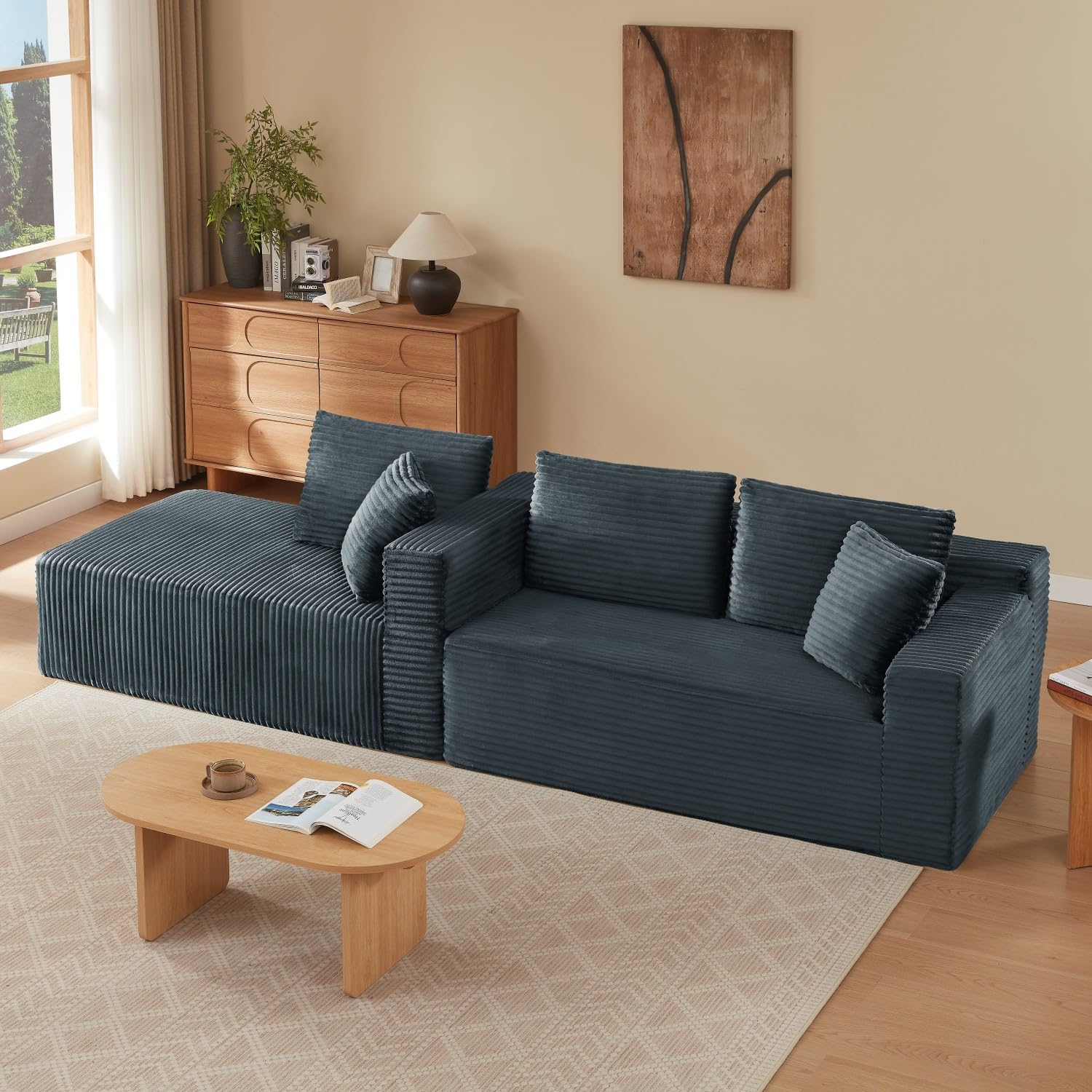 Sofá esquinero en forma de L de 4 plazas, sofá modular de pana con taburete, cómodo sofá de salón con 2-6 almohadas, ahorra espacio para salón y apartamentos, 256 x 134 cm (gris-izquierda)