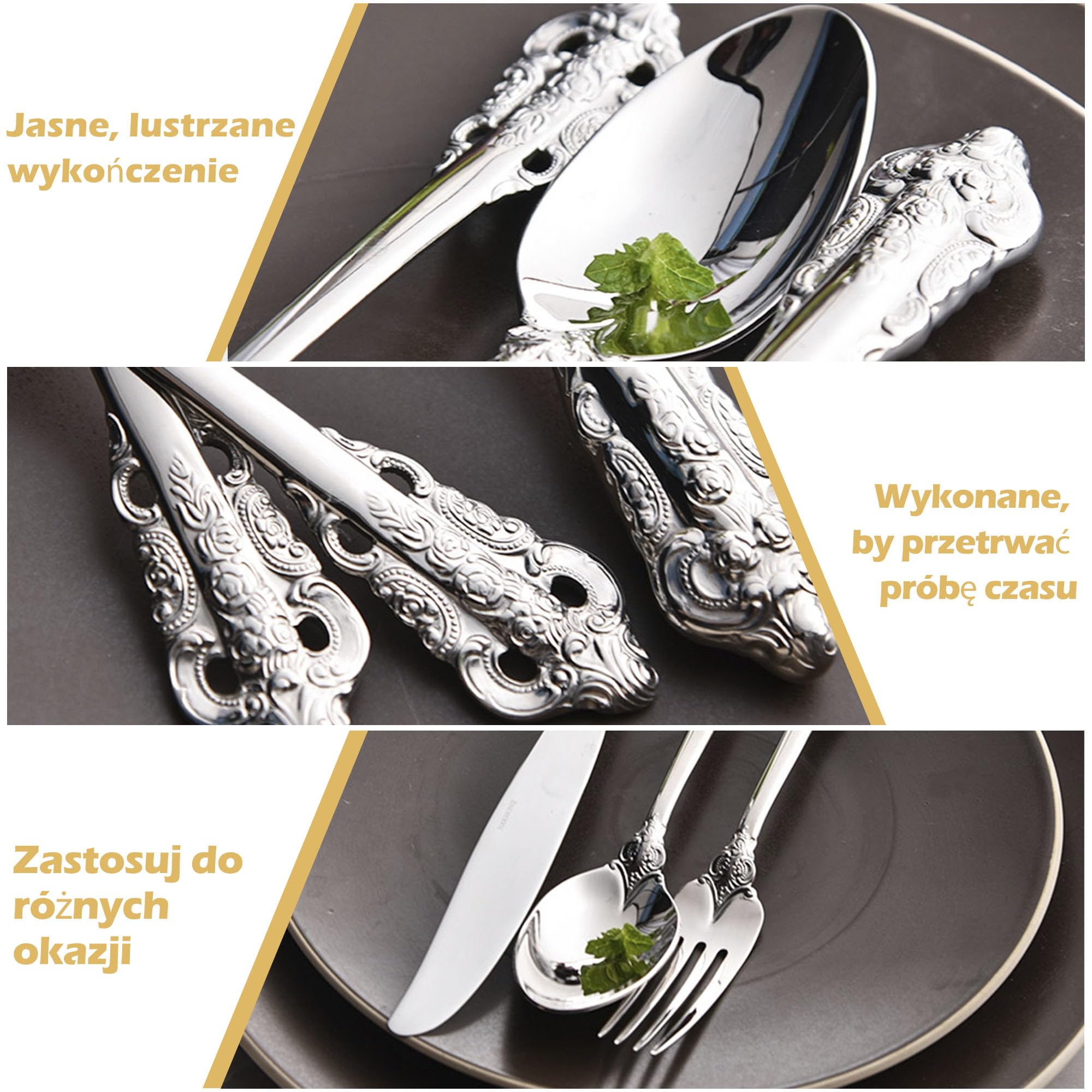 Gorgeous Baroque Srebrny 18/10 Stal nierdzewna 20-elementowy zestaw sztućców, Zestaw sztućców ze stali nierdzewnej odpornej na rdzę, w tym widelec, łyżka i nóż z pudełkiem prezentowym
