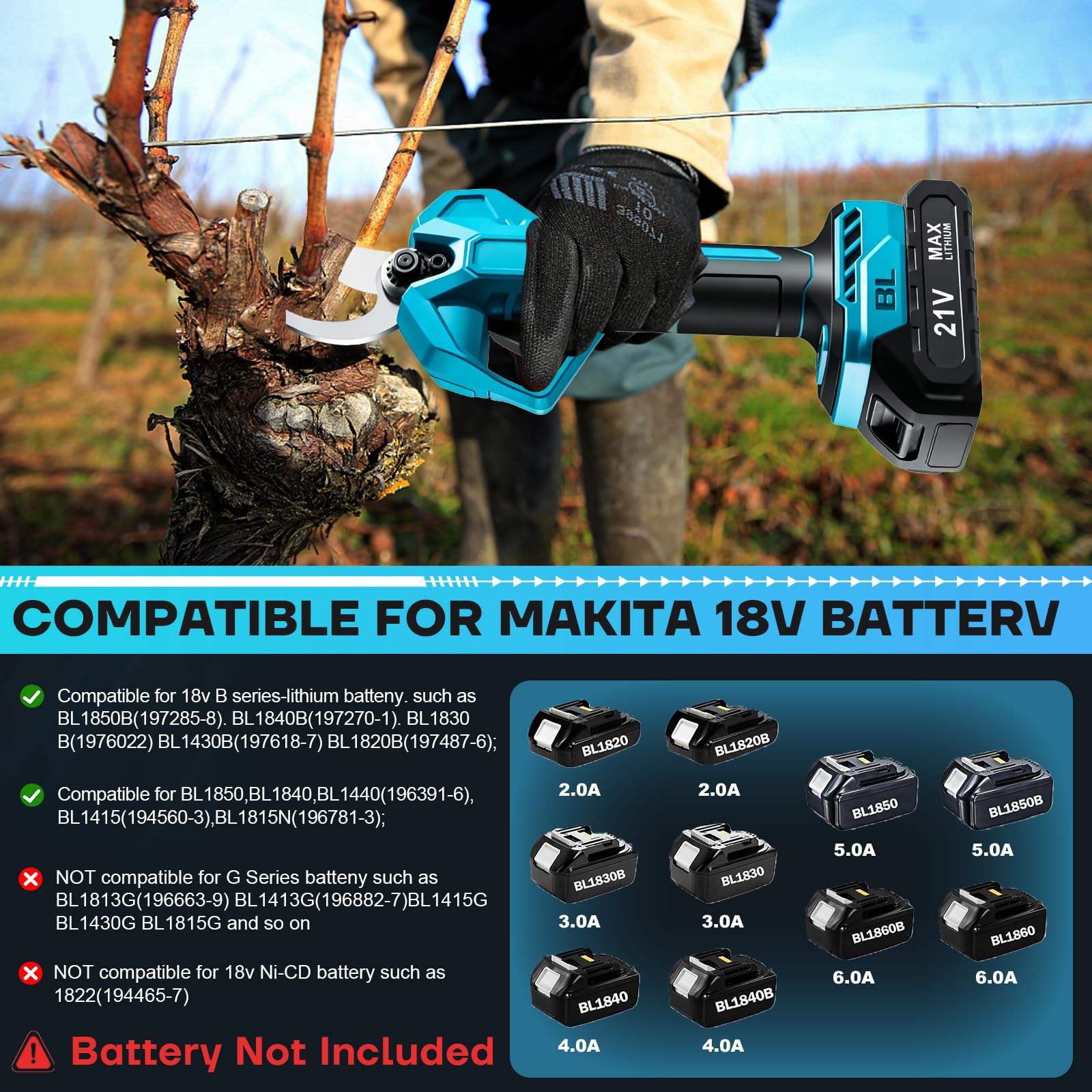 Tijeras de podar eléctricas con batería con motor sin escobillas, cuchillas SK5, batería recargable con indicador de carga, diámetro máximo de corte de 50 mm, para el jardín, 2 baterías de 1500 mAh