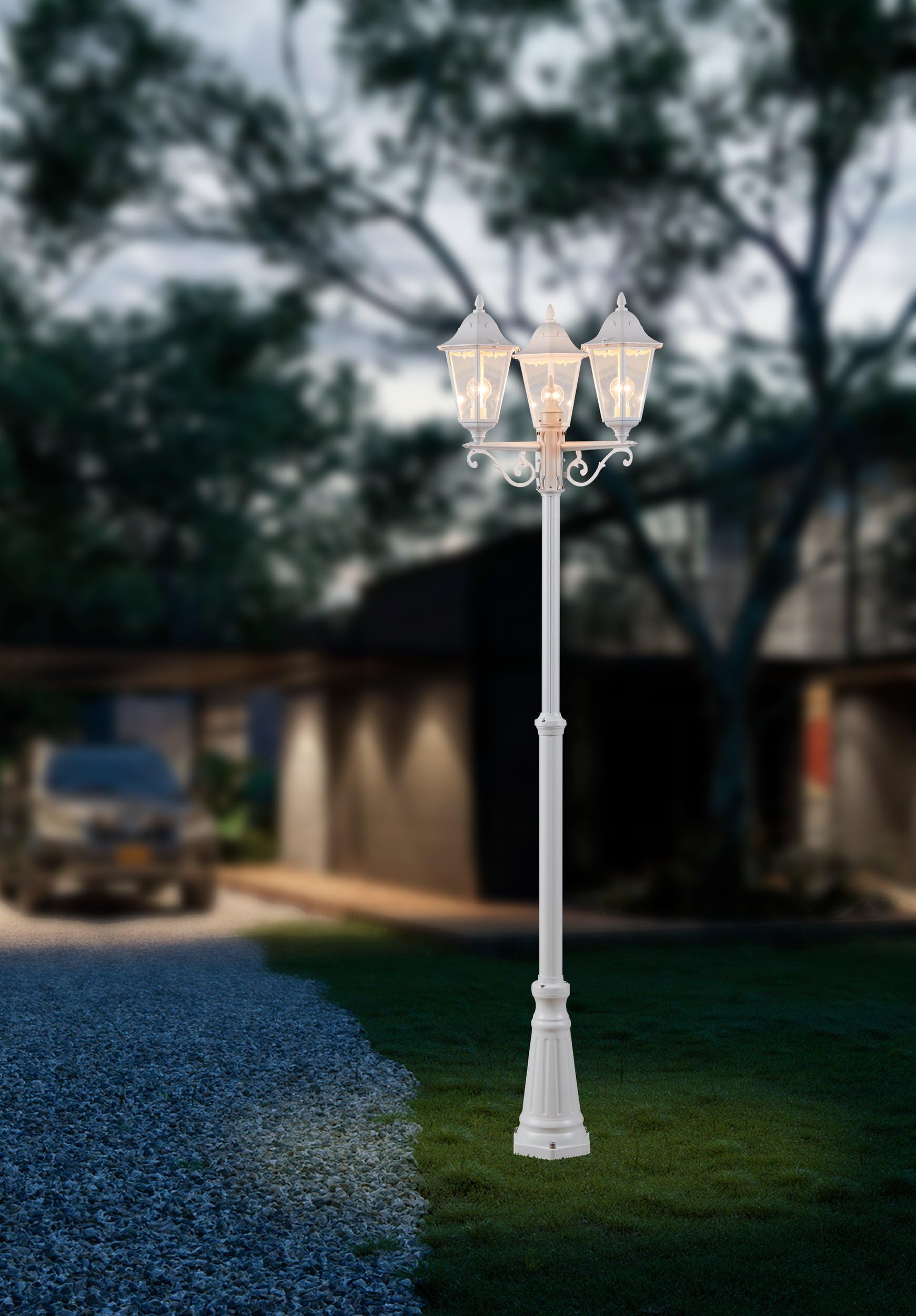 EGLO Außen-Stehlampe Navedo 3-flammig E27 IP44 220 cm Aluguss Glas Weiß