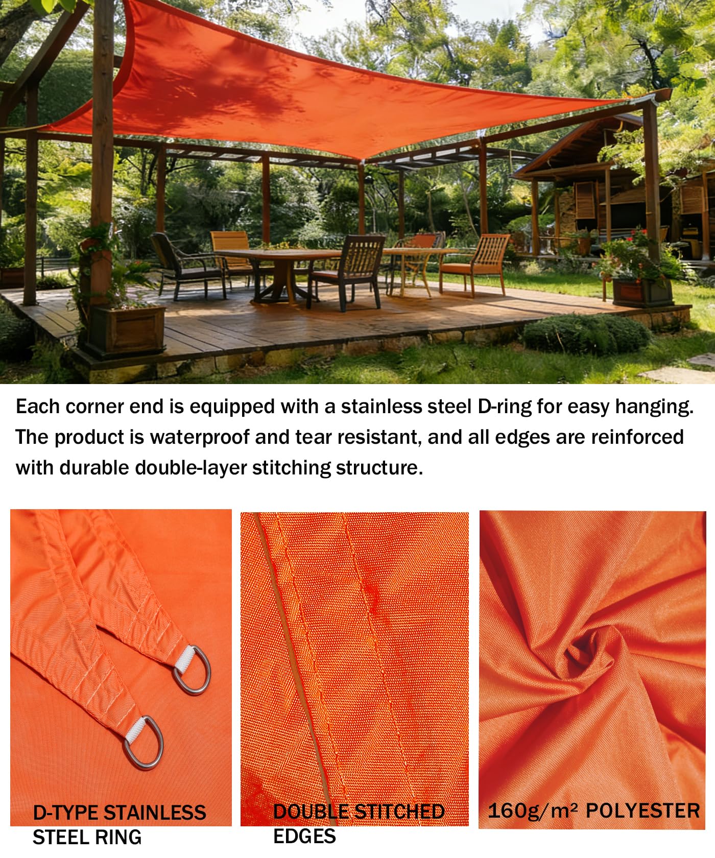 Voile d’ombrage 3 m x 4 m – Rectangulaire étanche en Polyester PES – 98% de Protection UV – Auvent de terrasse/Jardin extérieur – Canopée rectangulaire avec Cordes fournies, Orange