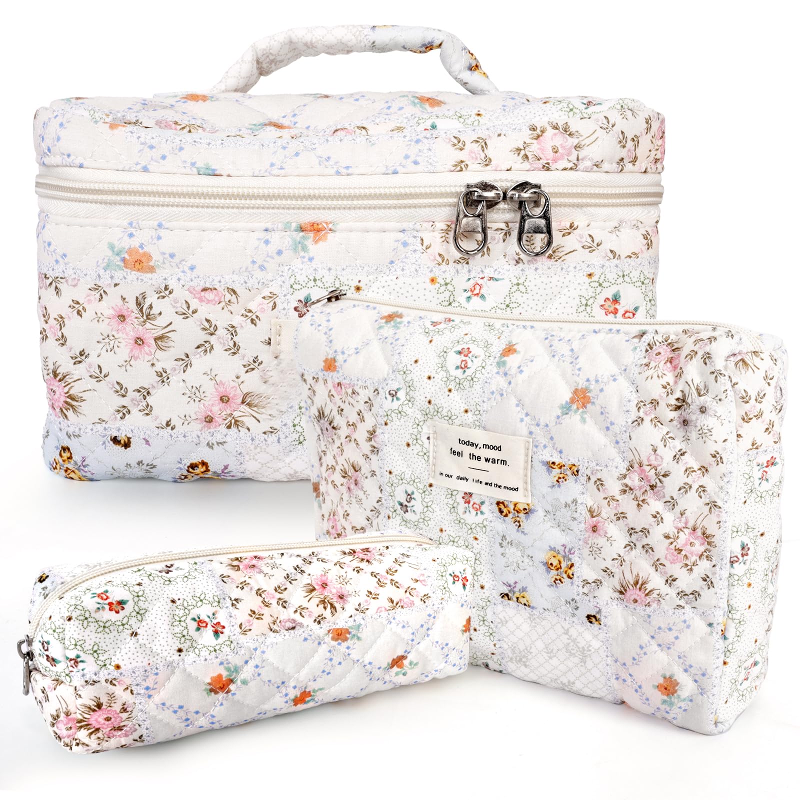 GISMTR 3Pcs Cotton Quilted Makeup Bag Large Travel Cosmetic Bag Coquette Makeup Pouch Cute Aesthetic Floral Toiletry Bag for Women Girls (flower-U)