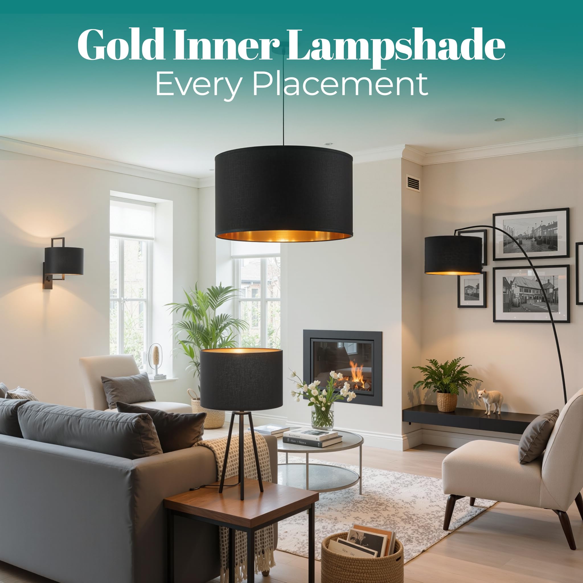 GIGGI Fabric Lamp Shades with Golden Inner, 8" Black Lampshades for Ceiling Lights, Table Lamps & Floor Lamps, Light Shade Ceiling for Living Room, Bedroom, Kitchen, Hallway, Home Décor (Black, 8") — view 9