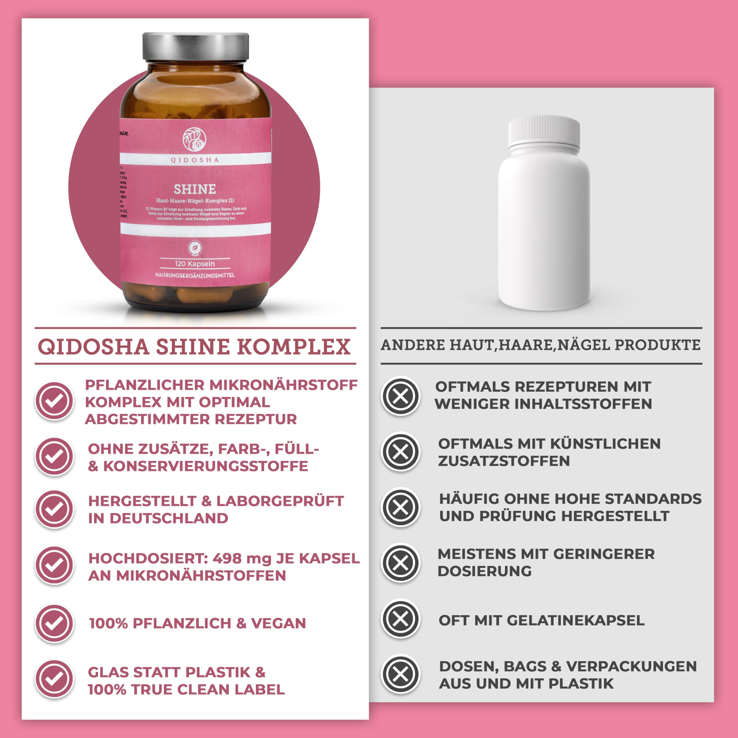 QIDOSHA® SHINE Haut, Haare & Nägel Komplex, 120 Kapseln im Apothekerglas, Silizium-Komplex mit Silicium, Hyaluronsäure, Zink, Selen, Kupfer & Vitaminen, deutsche Fertigung, Haut Haare Nägel Kapseln