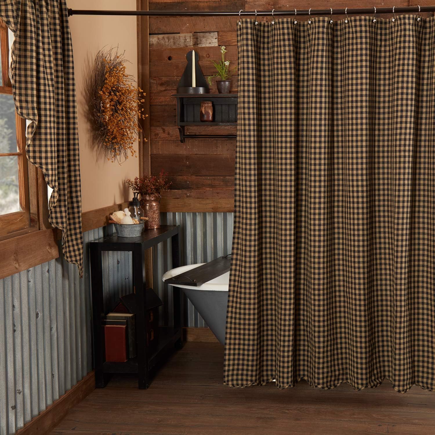 Best Quality 🔥 VHC Brands Black Check Scalloped Shower Curtain 72x72 Country Rustic Design, Black and Tan Exclusive VHC Brands Black Check Scalloped Shower Curtain 72x72 Country Rustic Design, Black and Tan