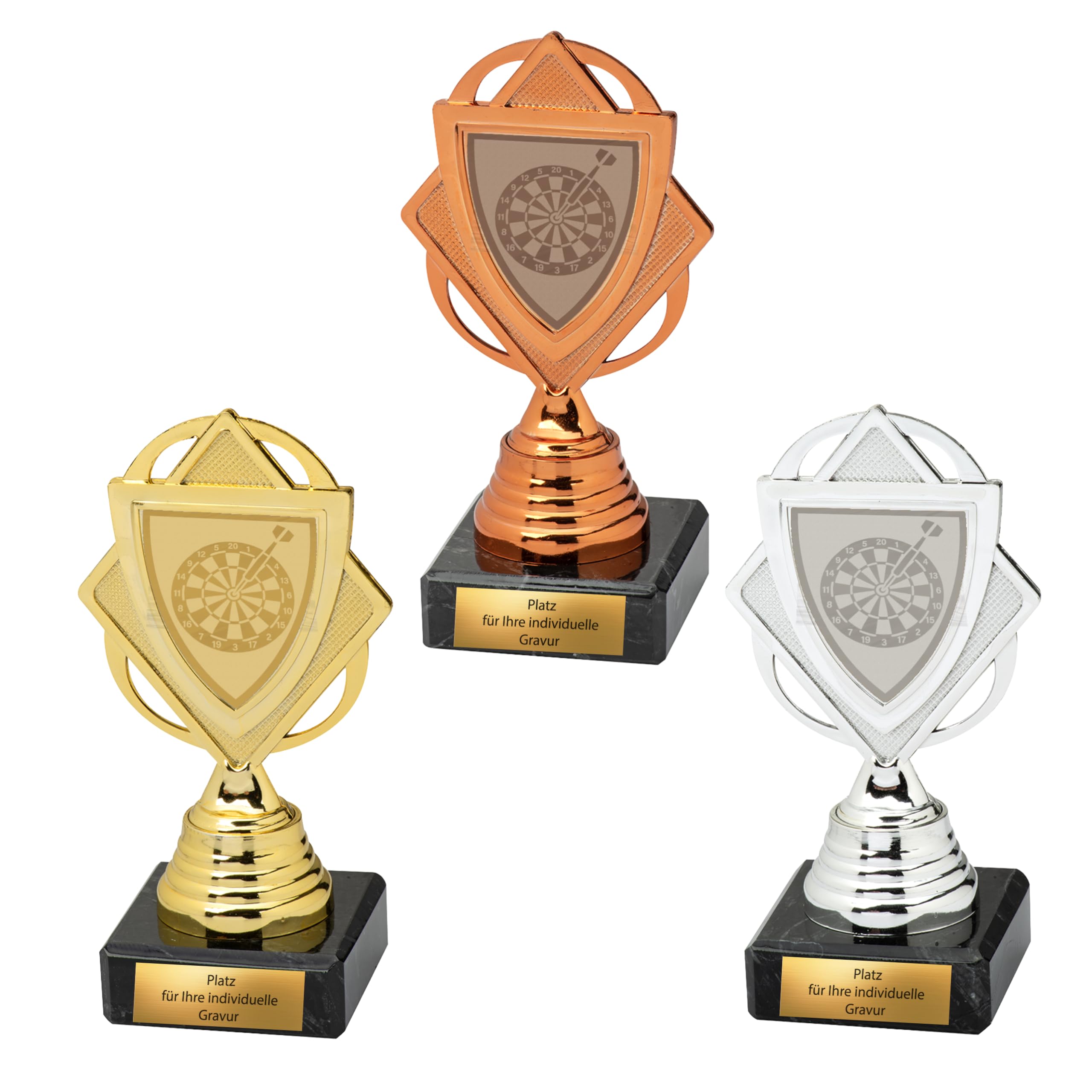 Dart Pokal 13,5 cm mit Marmor-Sockel | Pokalserie in Gold Silber Bronze für Darts-Turnier & Wettbewerb | mit Gravur Trophäe für 1. 2. 3. Platz (3-er Set)