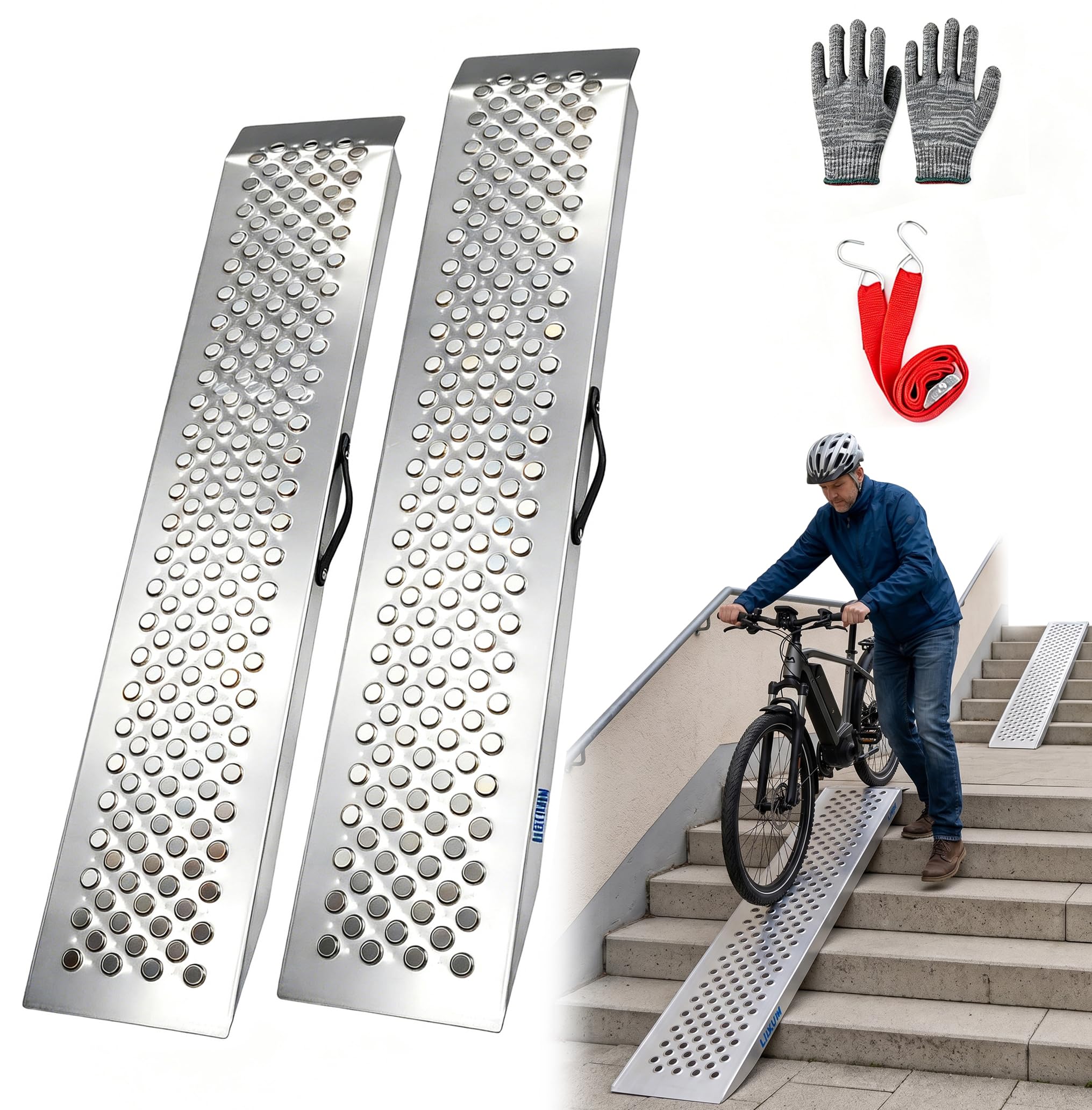 LIEKUMM Rampe de Chargement 120 cm Pliable x 2, Acier Solide Rampe Remorque | Capacité 600 kg, Inoxydable Antidérapant Stable Portable, Pour remorque, voiture, moto électrique, E-Vélo, Quads et Buggy