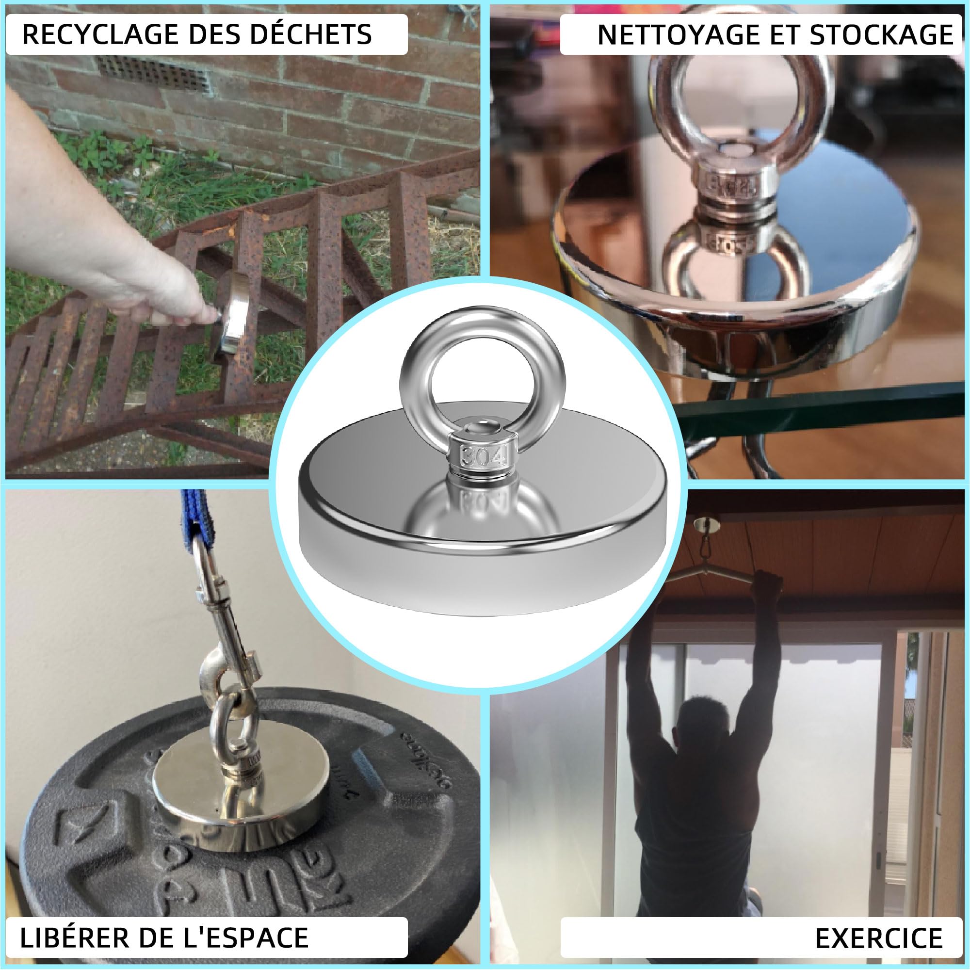 Magnetpro aimant de pêche puissant en néodyme, force de traction supérieure à 455 kg, avec anneau de levage, diamètre 90 mm, pour la pêche magnétique, la chasse et la récupération en rivière