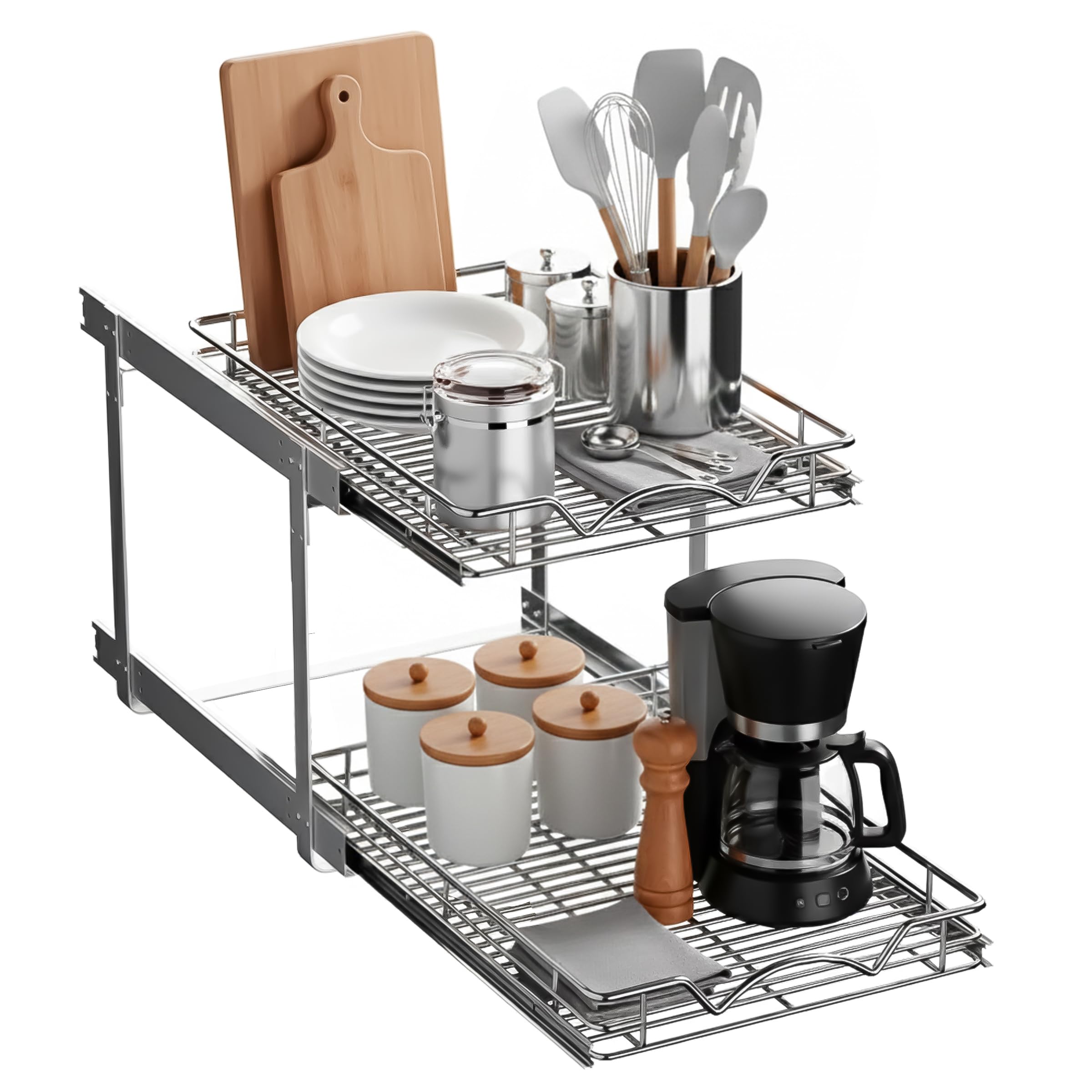 2-Tier Pull-Out Cabinet Organizer with Heavy-Duty Steel Frame, Full-Extension Sliding Shelves, Holds 100 lbs, Easy Install for Kitchen, Pantry & Under