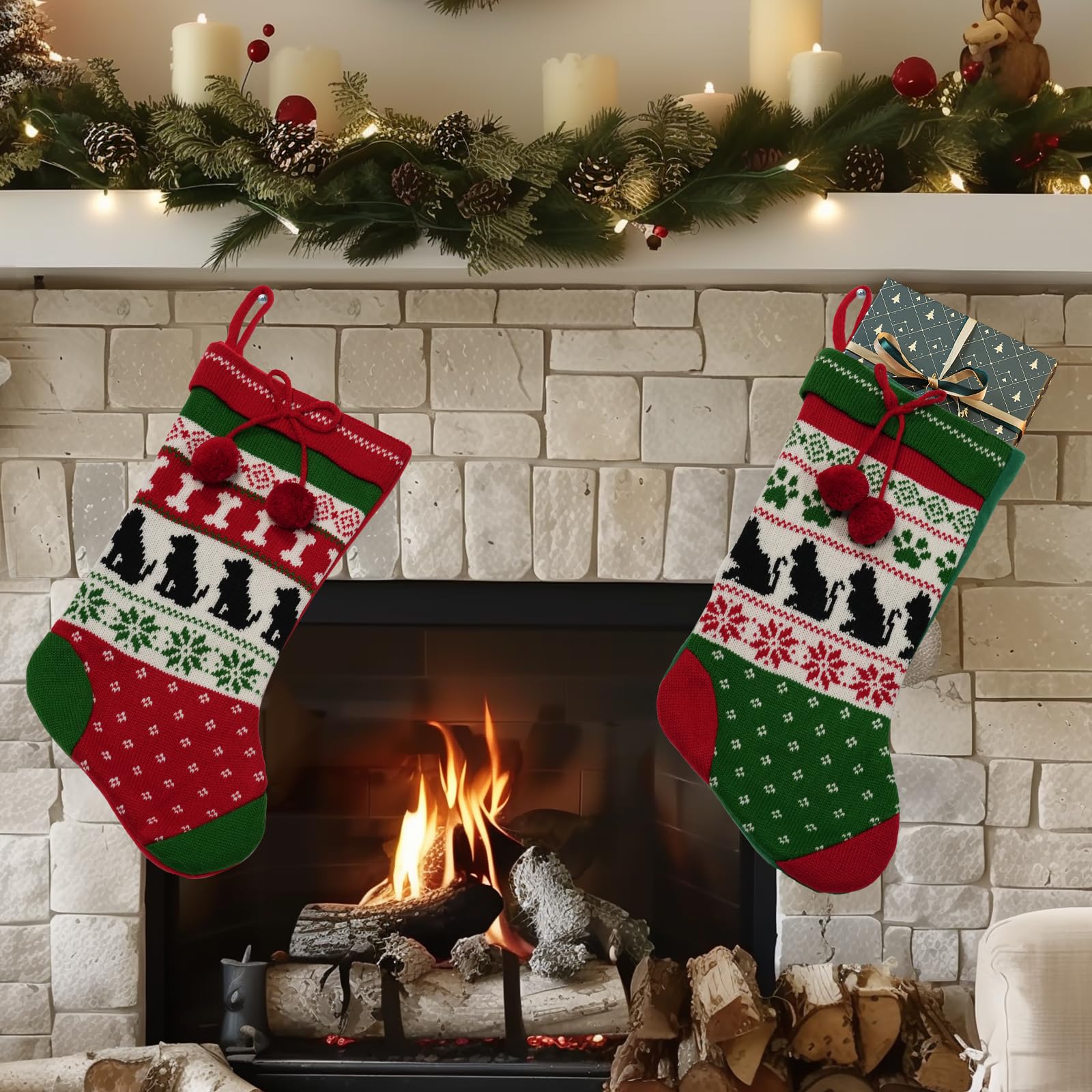 20 Inch Christmas Stockings Set of 2, Knit Dog Cat Pet Stockings Hanging Ornaments Red Green Felt Xmas Stocking Gift Bag for Family Stocking for the Mantle Home Christmas Holiday Party Decoration