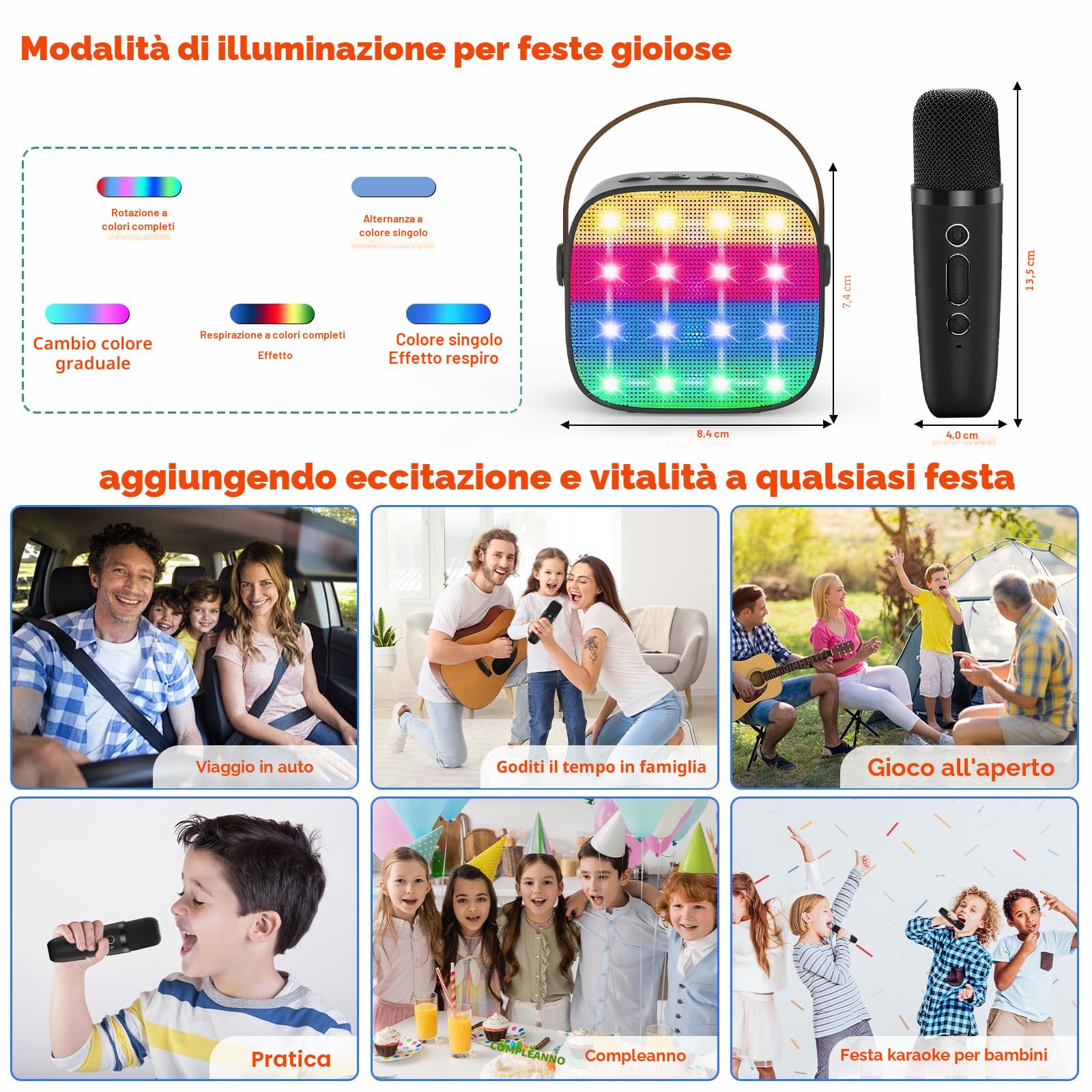 Macchina Karaoke per Bambini con 2 Microfoni Wireless Bluetooth, Altoparlante Portatile, Cambio Voce, Luci LED