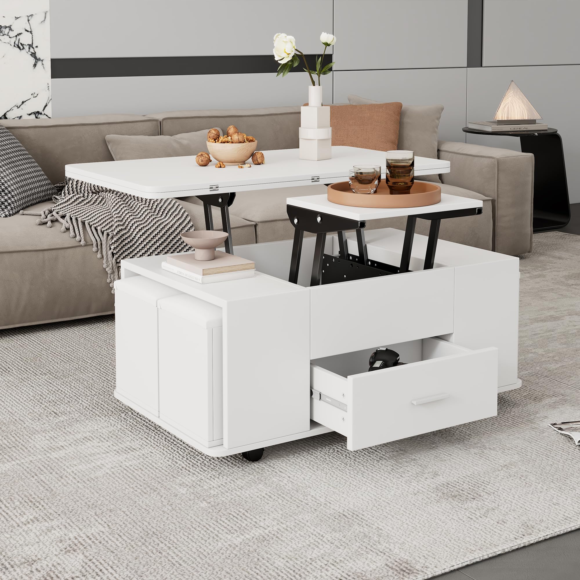 Mesa Centro Elevable con Tablero Extensible y 4 Taburetes, Mesa de Centro Elevable y Extensible con Almacenamiento y Cajón, Mesa Central de Café, Muebles de Salon, 100x50x45 cm, Blanco B