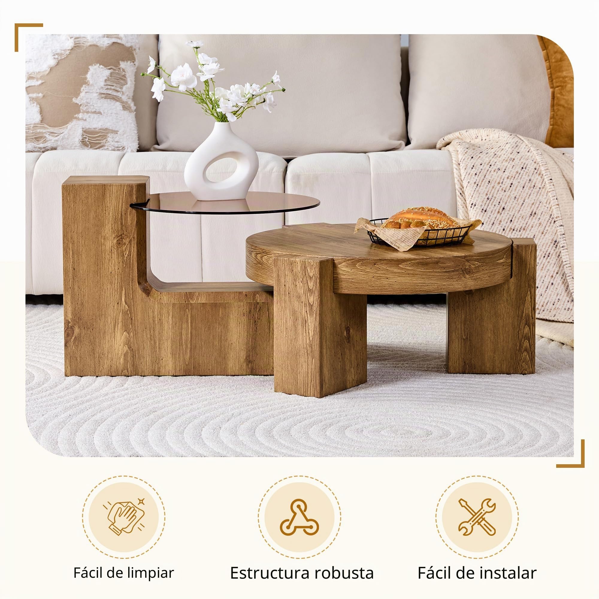 Bladez Mesa de centro con 2 niveles y patas en forma de L, mesa auxiliar redonda desmontable con tapa de cristal marrón transparente y aspecto de madera, para salón, dormitorio, balcón, mesa de centro