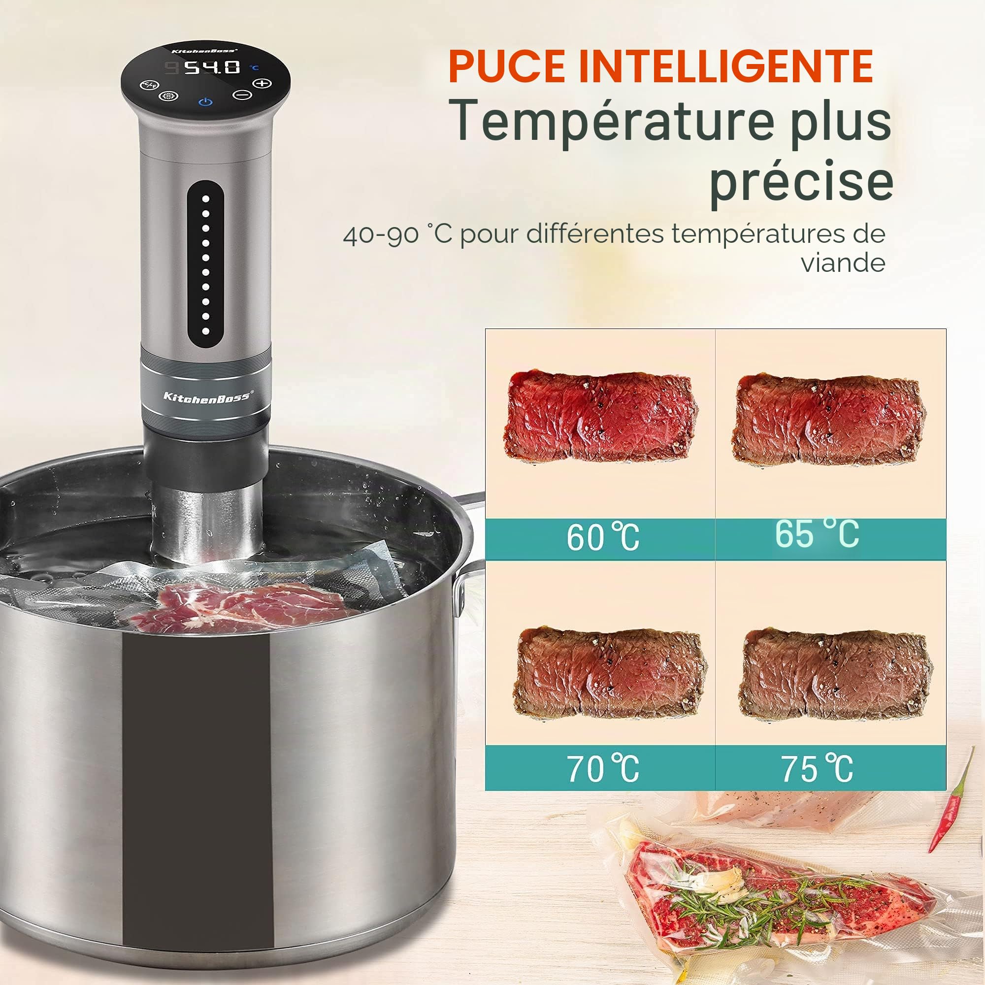 KitchenBoss Sous Vide Roner Cuisine Basse Température 1100W Immersion étanche IPX7 Circulateurs Contrôle de Température de Précision