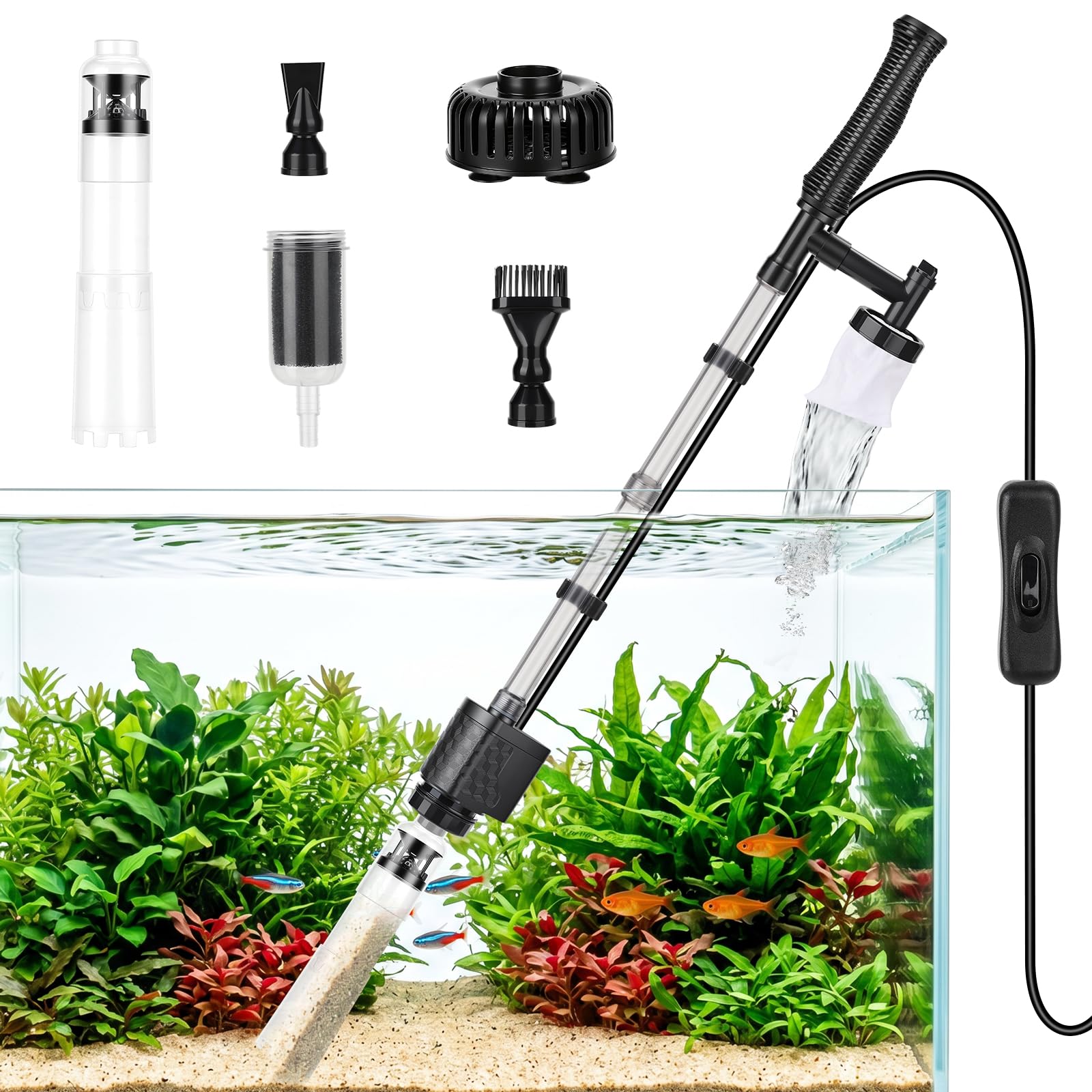 AQQA Limpiador de peceras, 1200 l/h, limpiador eléctrico ajustable de grava, limpiador de arena de 16 W con bolsa de filtro para cambio de agua, lavado de arena y filtración