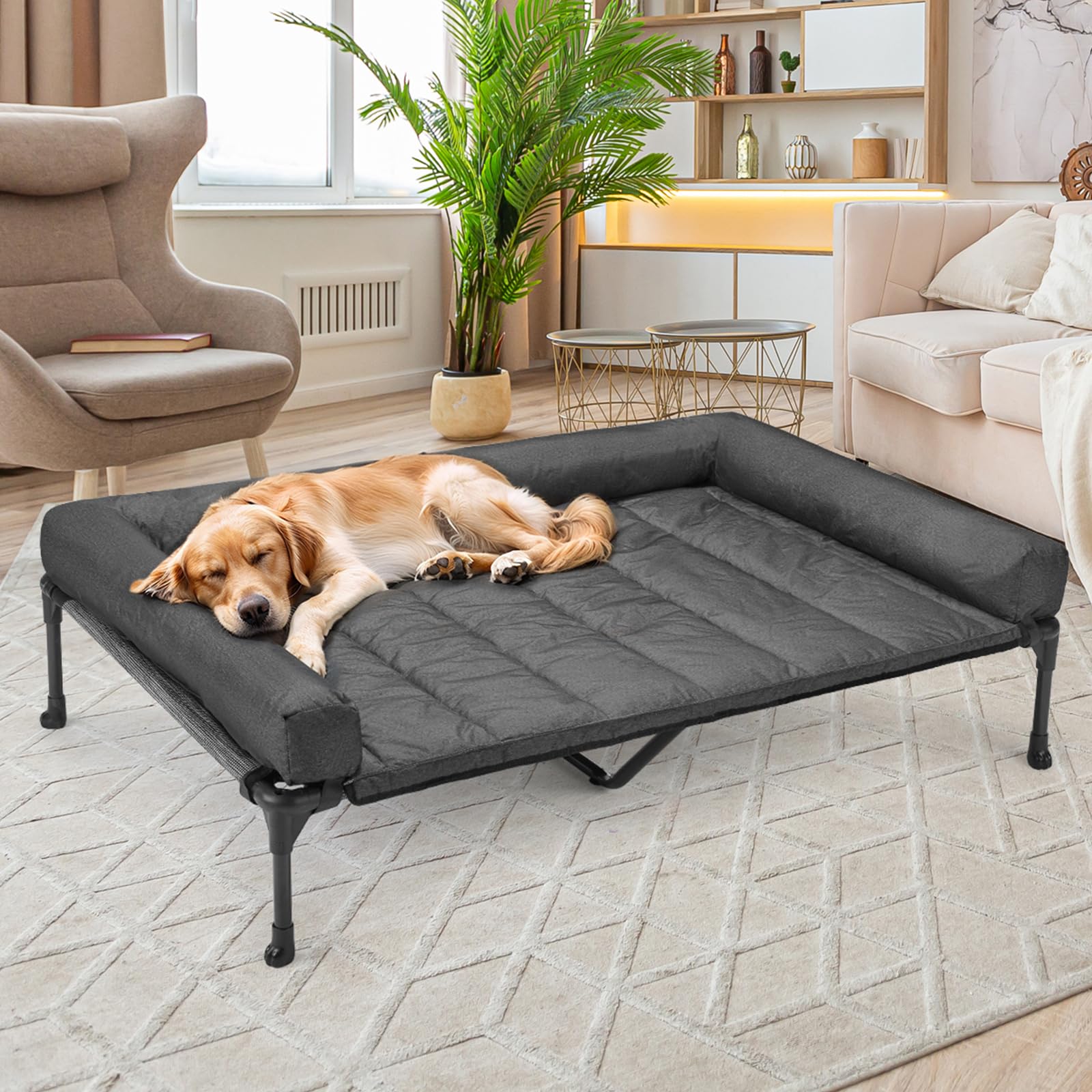 Veehoo Cooling Elevated Dog Bed Add Removable Waterproof Bolster Cushion Mat, Raised Pet Cot with Breathable Teslin Mesh, No-Slip Feet, Dog Sofa Bed for Indoor Outdoor, XXLarge, Black Silver - image 7