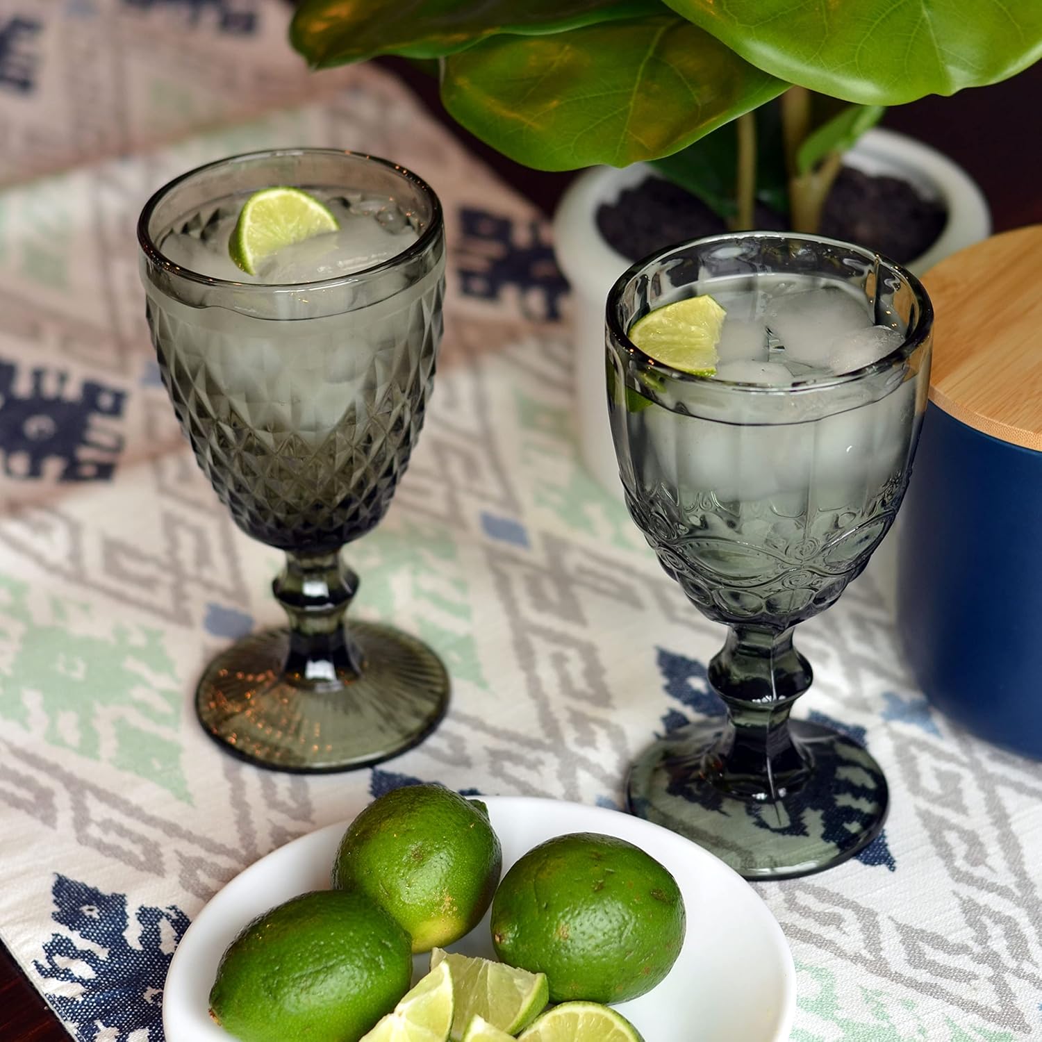 WHW Whole House Worlds Baroque Goblet Glasses, Set of 6, Translucent, Non Lead Crystal Glass, Weighted, 10 Fluid Ounces/ 300 ml, 6.75 Inches Tall, Faceted and Beaded Arabesque Patterns