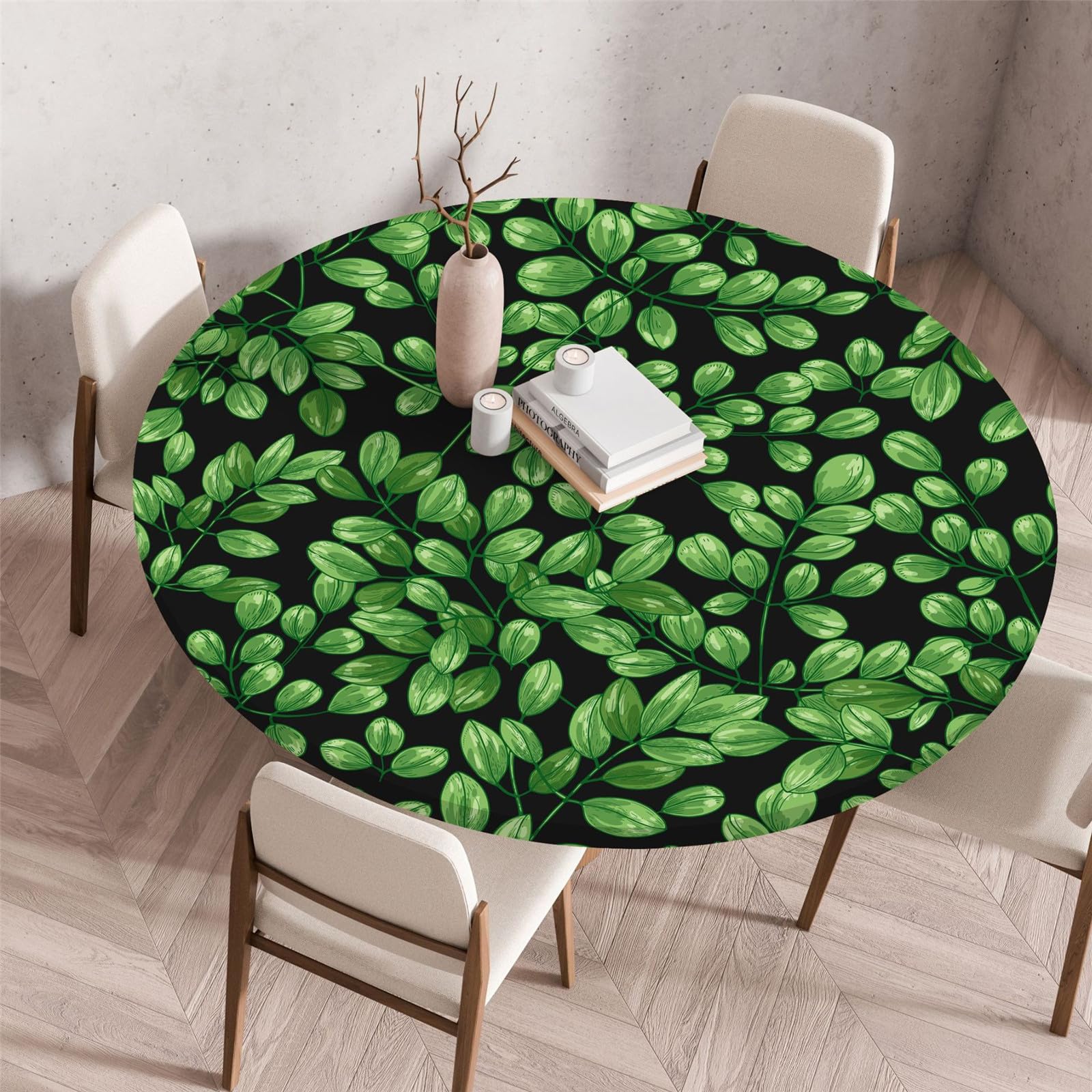 Odot Elastic Edged Round Fitted Tablecloth Protector Green Plants Print Wipeable Circle Tablecloth Indoor Outdoor Table Cover Wipe Clean for Kitchen Picnic Dining Room Tabletop (90cm,Black)
