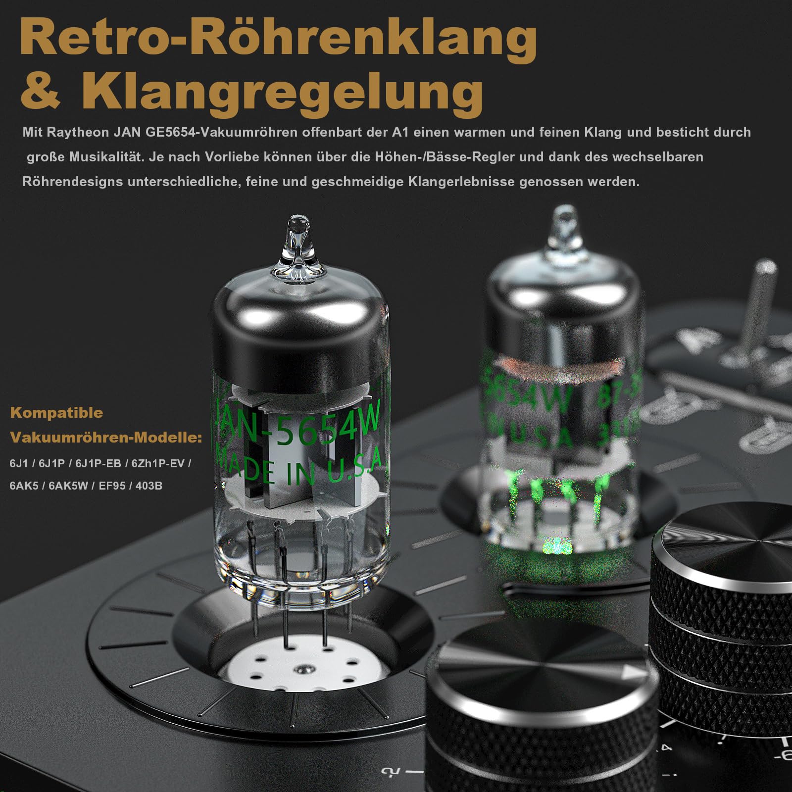 A1 Phono Röhren Vorverstärker, Hi-Fi Audiophiler Vorverstärker, Kopfhörerverstärker, für MM Plattenspieler, mit Ton anpassen für Home Audio Plattenspieler Lautsprecher, Desktop Computer
