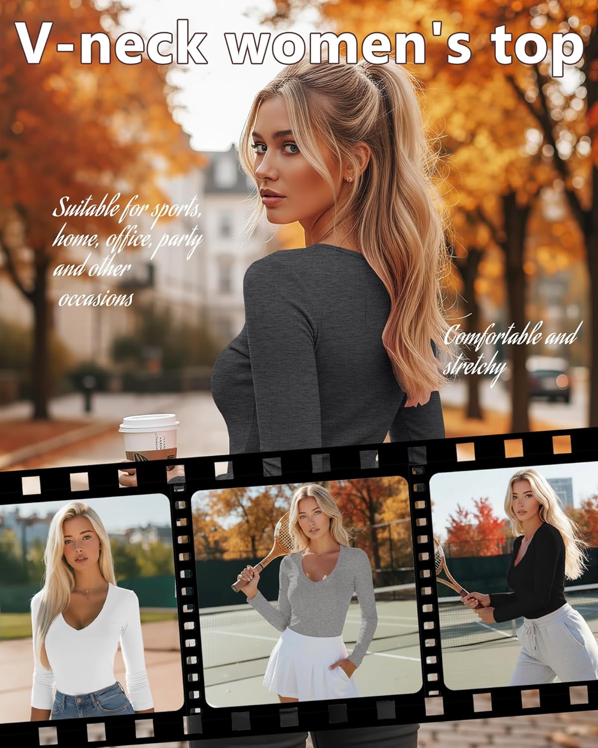 5 Pack Women's Long Sleeve V Neck Undershirts Slim Fit Basic Tee Shirts Ladies Stretchy Tight Layering Underscrubs - Image 2