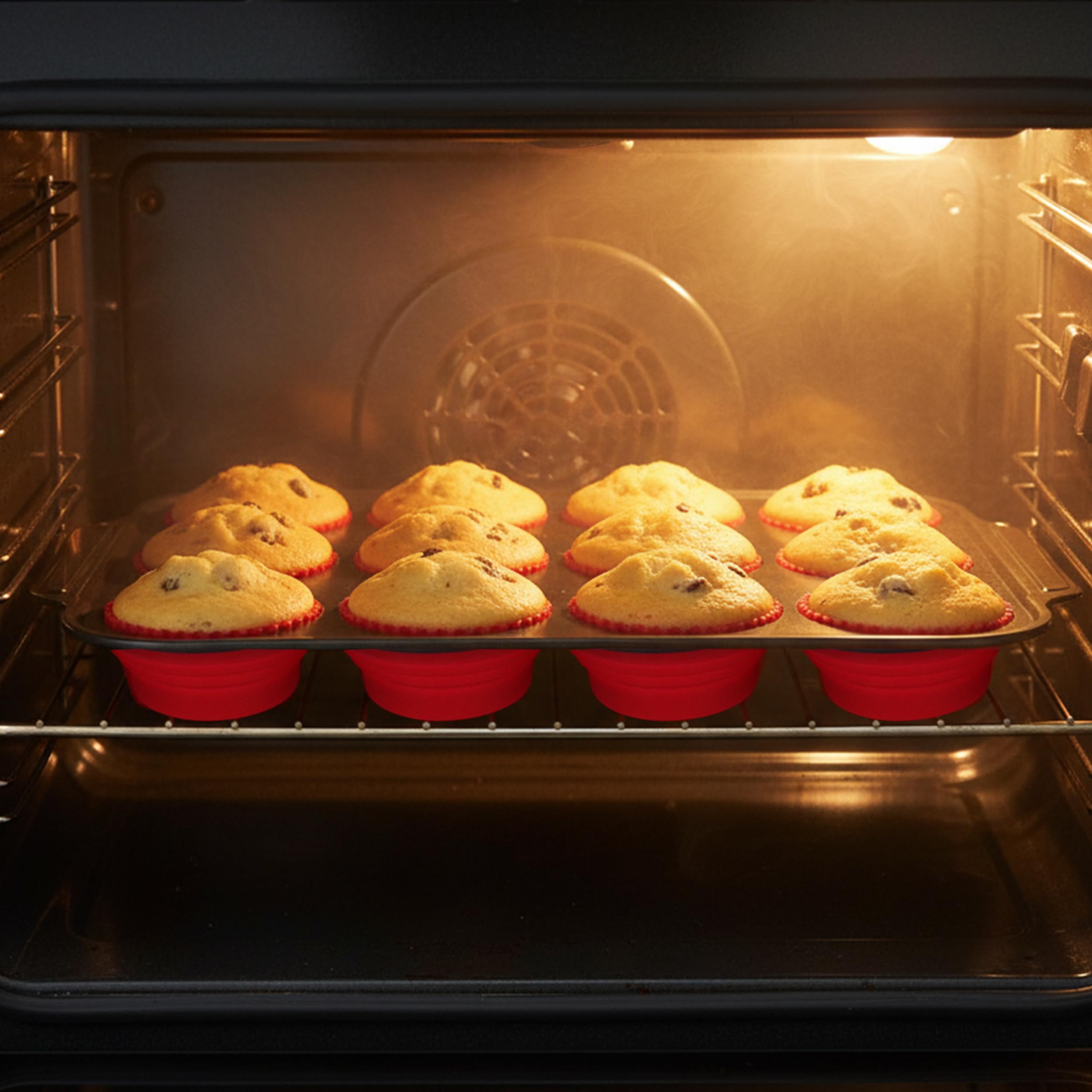 2024 Silikon-Muffinform, roter Metallrahmen, Muffinform, Eierbissen, Cupcake-Form, ofen- und spülmaschinenfest, Mini-Muffinformen zum Backen, antihaftbeschichtet, 12 Stück