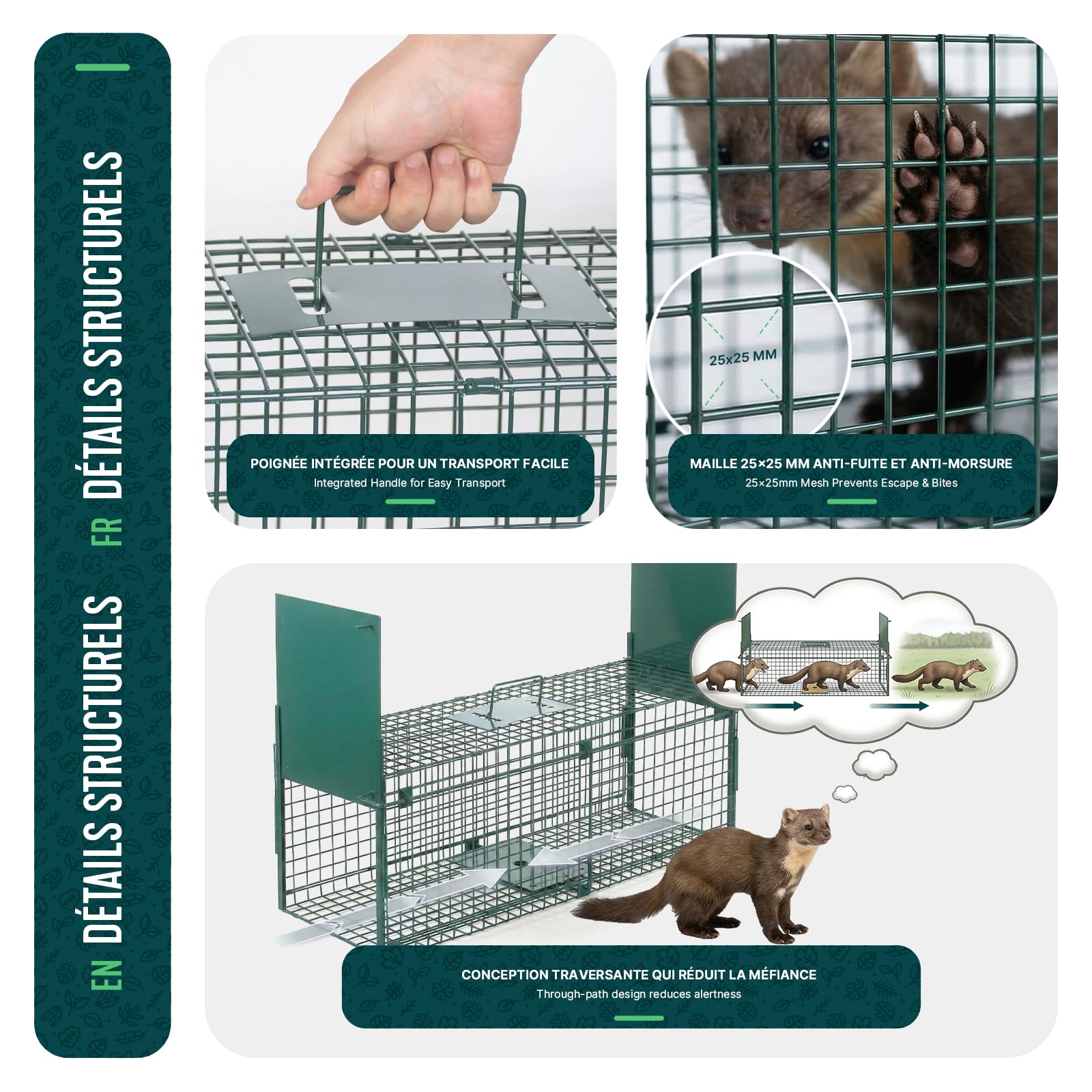 Piège à Animaux Vivants 80x26x34cm Cage de Capture sans Cruauté Réutilisable pour Rats Fouines Lapins Renard Vert