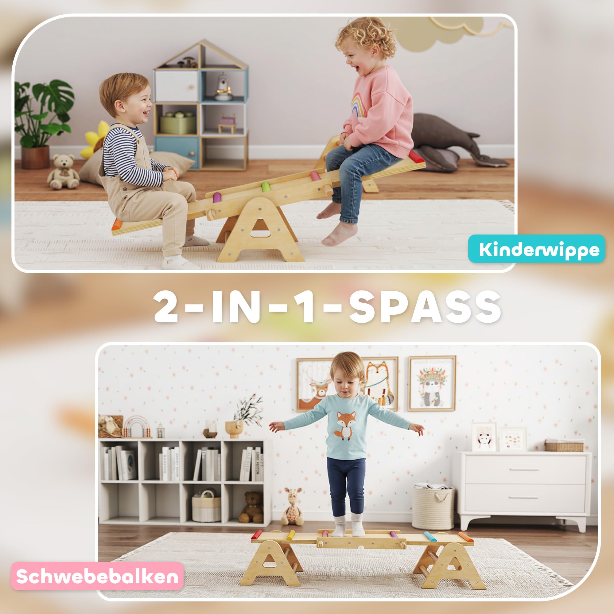 AIYAPLAY Balance Wippe Kinder, Schwebebalken aus Holz, Equilibrium Spielgeräte 133 x 38 x 24 cm