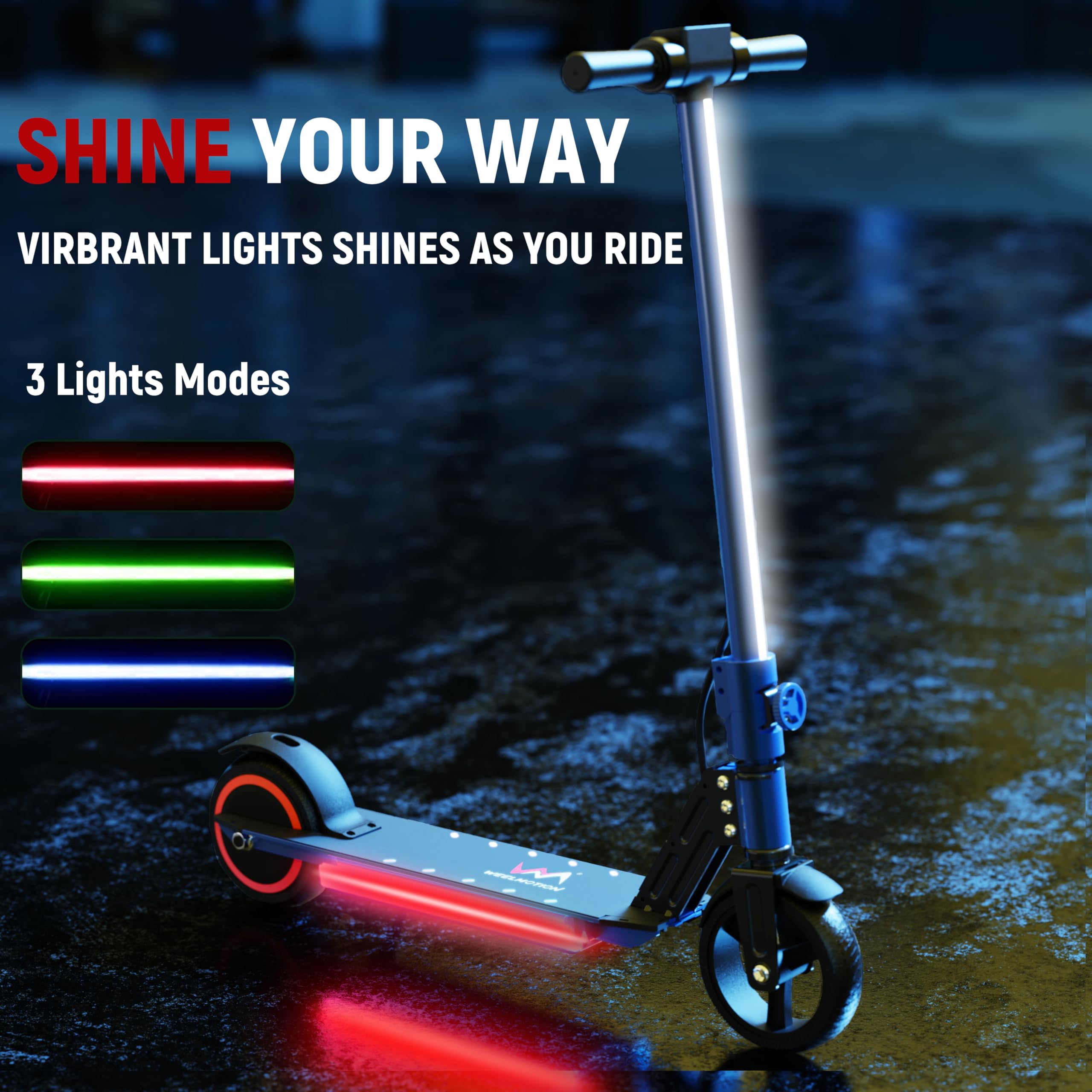Patinete eléctrico plegable para niños, con luces principales, luces de barra frontal brillantes, luces brillantes en el pedal, pantalla LED, motor de doble freno de 150 W, scooter 3