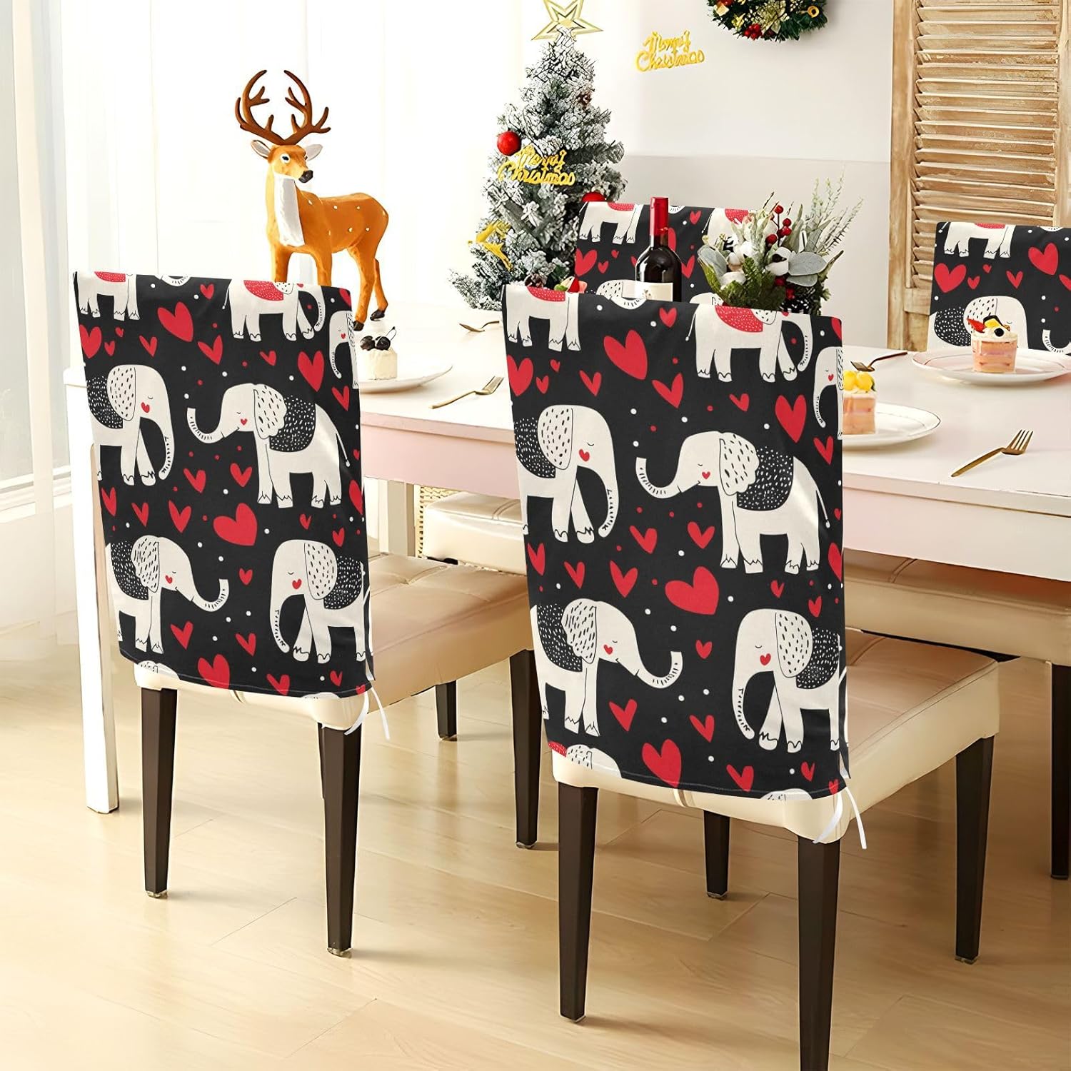 ALAZA White Elephant and Red Hearts Chair Back Cover Set of 6, Washable Reusable Removable Chair Slipcovers Decorative Chair Cover for Home Kitchen Wedding Party