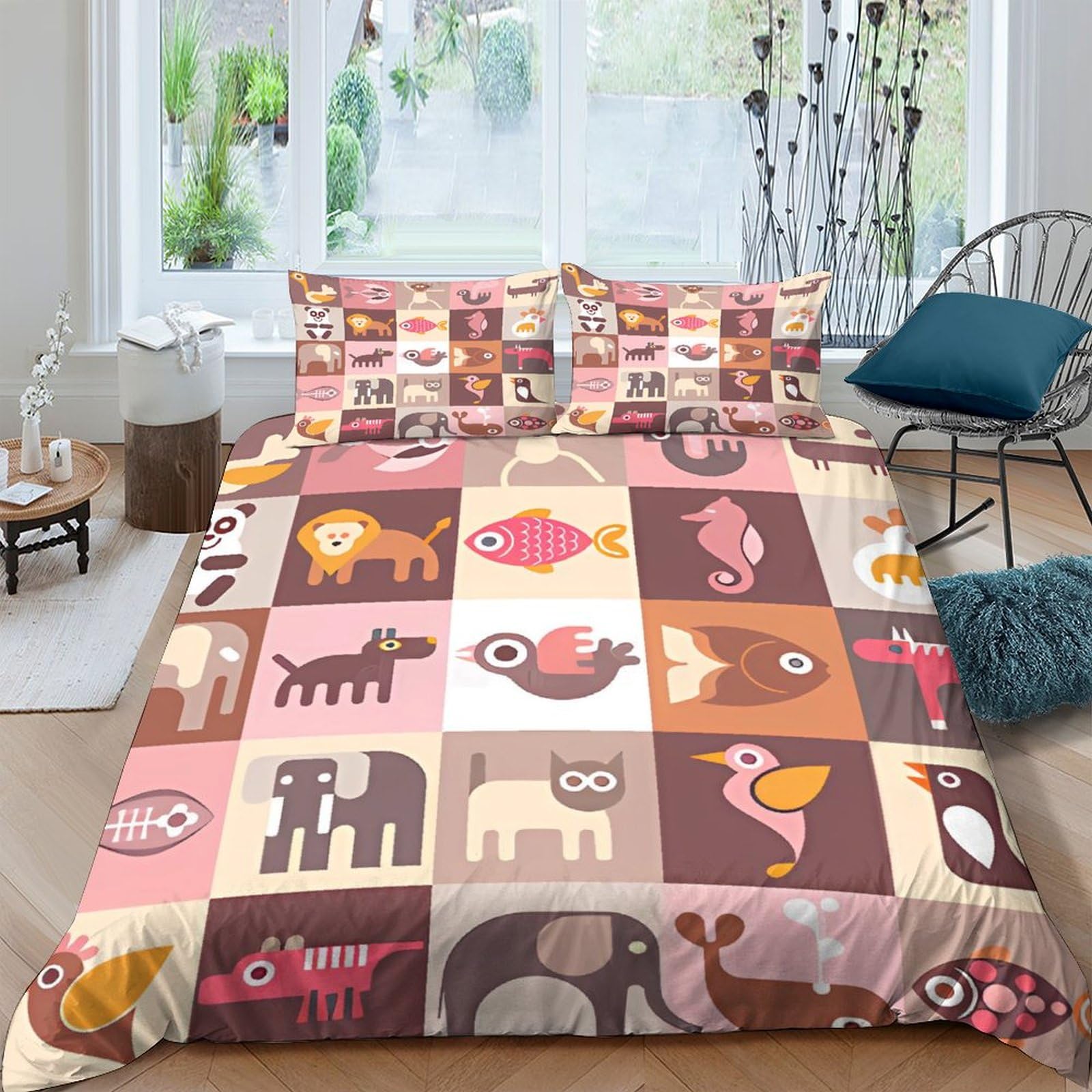 Housse de couette 200x200cm animaux géométriques en microfibre avec taies