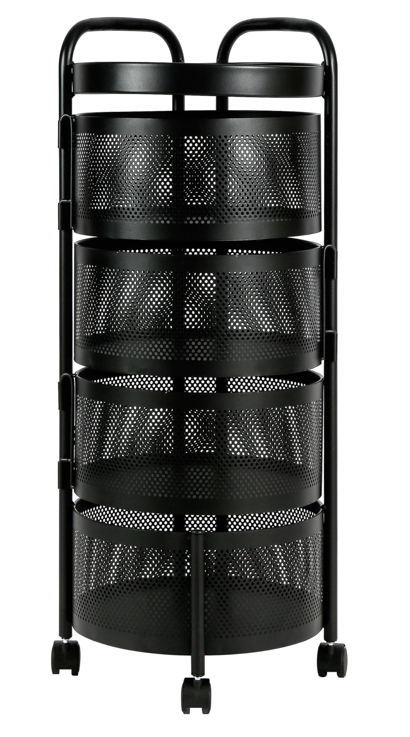 Black Metal Mesh Round Multi-Tier Portable Floor Standing Rotating Kitchen Cart Trolley Organiser Fruit Basket With Wheels (4 Tier)