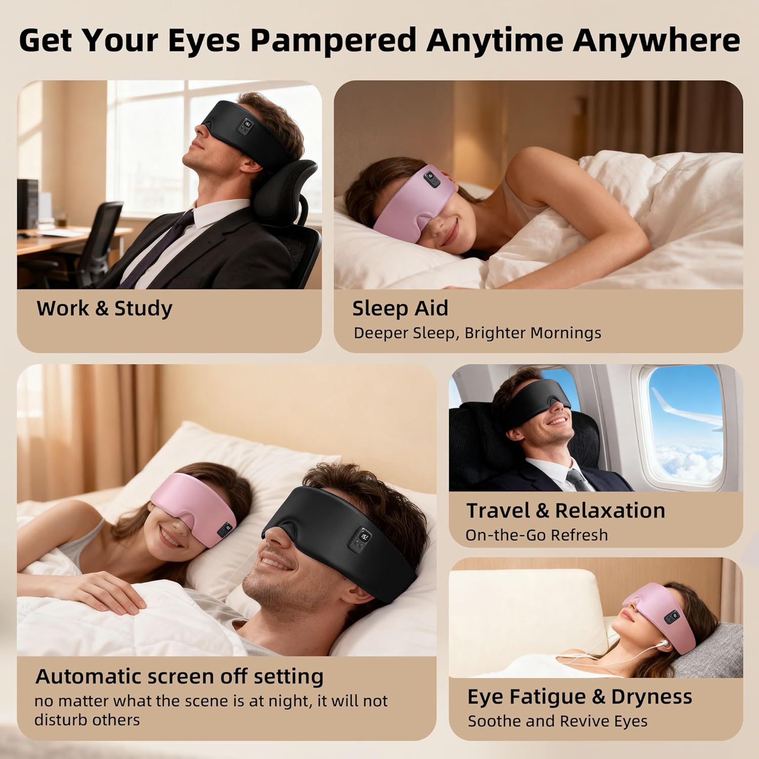 Heated Eye Mask for Dry Eyes, Cordless Warm Eye Compress 120-Min Battery, Eye Strain Relief, Washable Silk Travel Eye Mask with Extra Cover for Better Sleep (Pink & Black) - Image 7