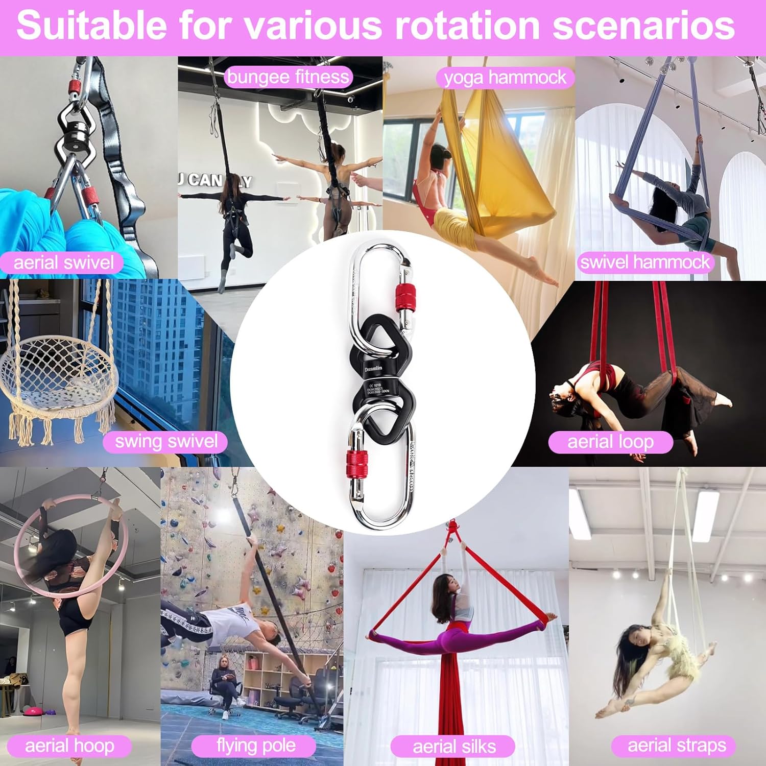 Aerial Silks Hardware Kit 30 KN Swing Swivel Aerial Yoga Hammock Rigging Aluminum Swivel Aerial Hoop Lyra Rotational Device Hanging Accessory