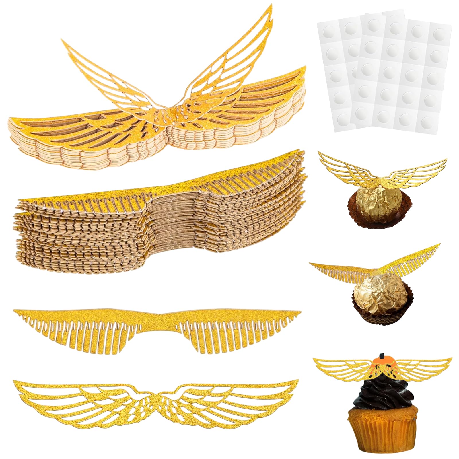 WeddHuis 50 stuks gouden glitter verjaardagsdecoraties, gouden vleugels, taartdecoratie voor snoep, cake, cupcakes, themafeesten, Harry Potter verjaardagsdecoratie