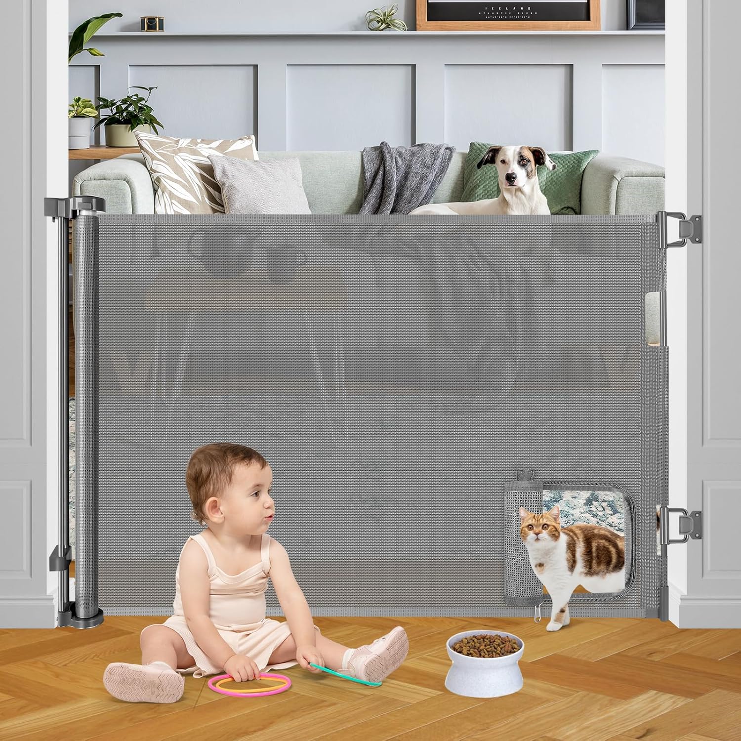 Baby Gate with Cat Door Walk Through 55" Wide Retractable