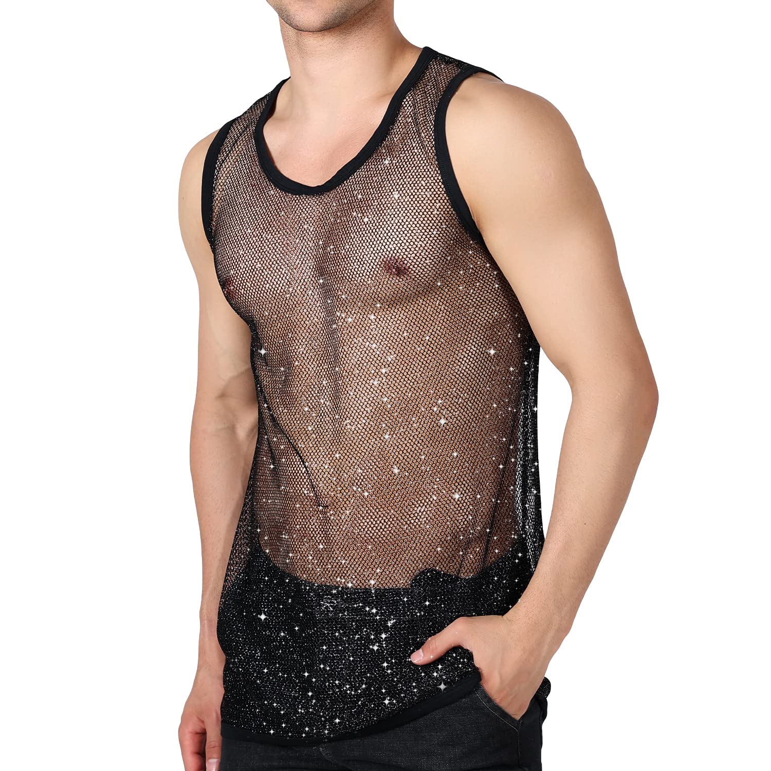 E-LIINJOYE Mens Mesh Top,See Through Black Fishnet Top Men Plus Size,Mens Sexy Tops to Show Muscle