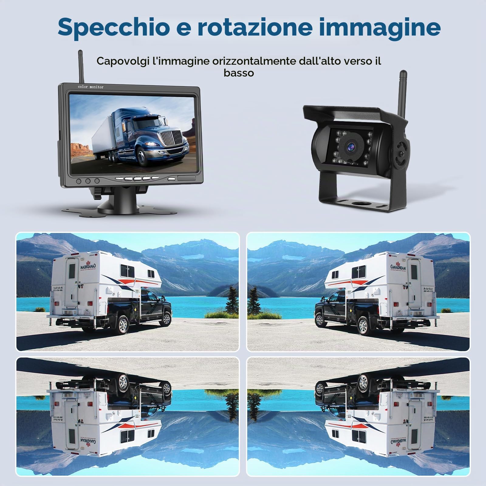 Kit telecamera posteriore wireless HD 1080P, monitor LCD da 7 pollici, 2 telecamere di backup per rimorchio, camper, camion, auto, autobus, linee guida fai da te, IP68, visione notturna, BSD, 12V-36V