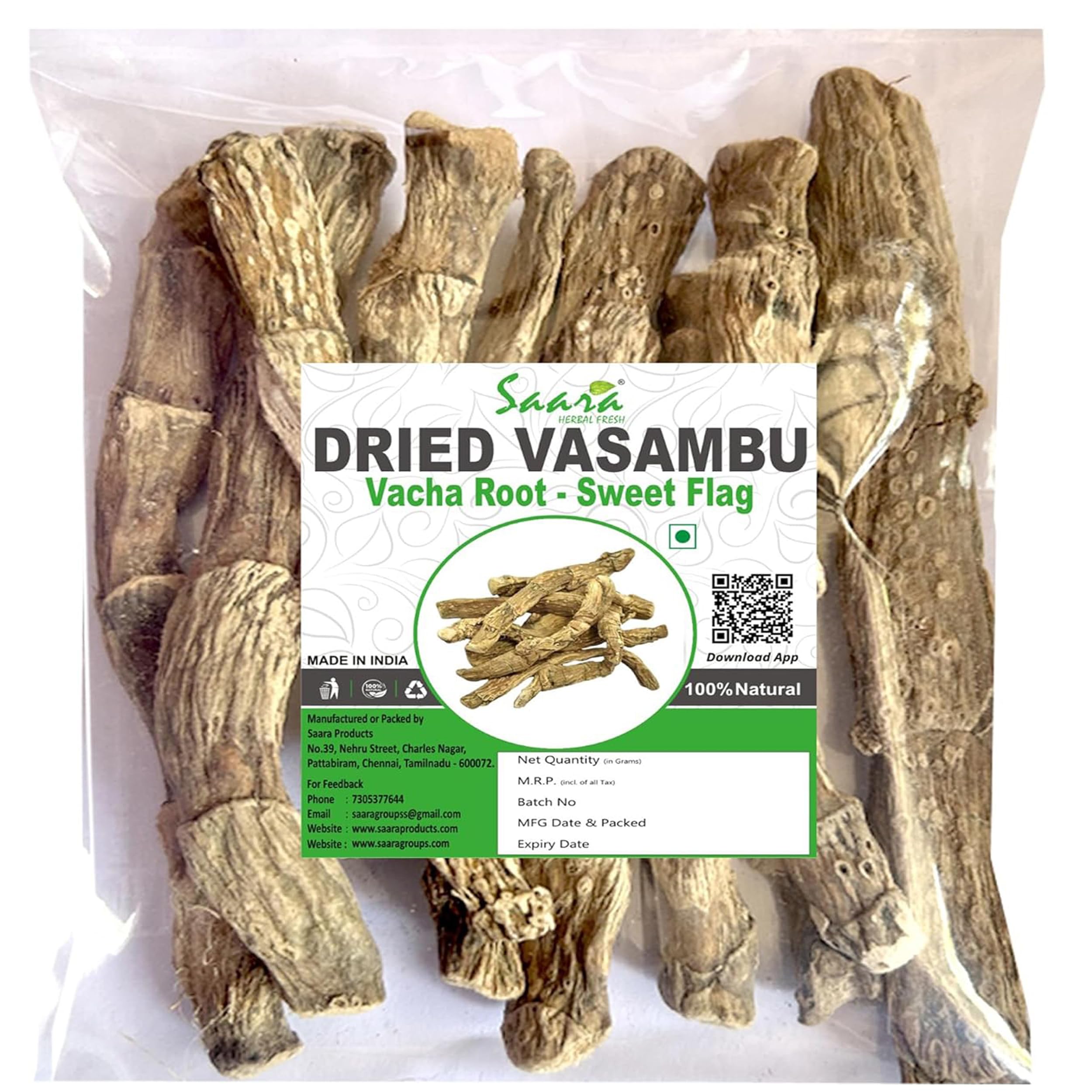 Saara HERBAL FRESH Dried Vasambu (100grams) Vacha Root,Sweet Flag, Acrous Calamus,Vayambu Root, (Pack of 1 x 100g)