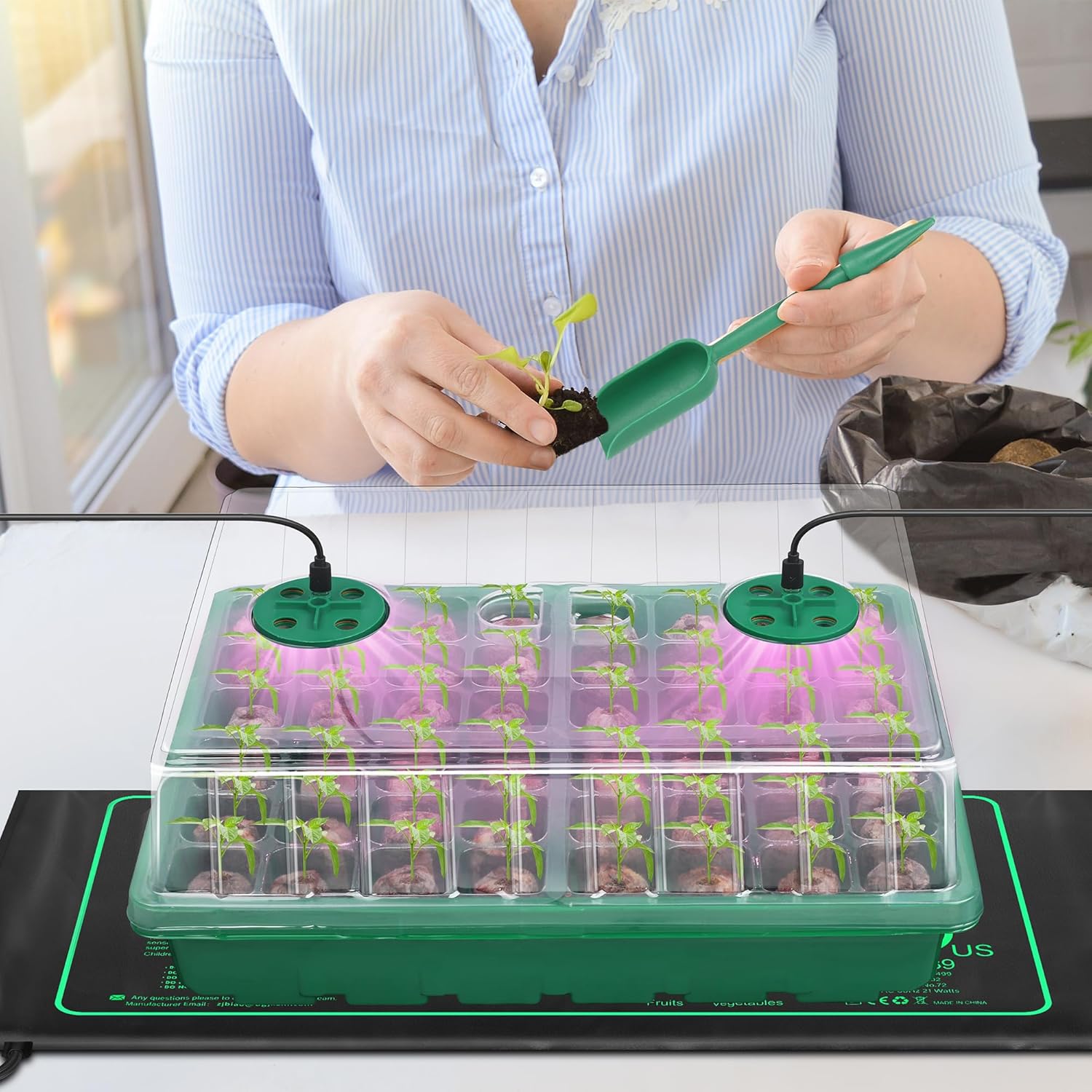 Seed Starter Kit with Grow Light Seedling Heat Mat 48 Cells Seed Starter Tray with Humidity Dome and Base Germination Trays Plastic Growing Trays Plant Propagation Kit for Seed Starting, Green - Image 7