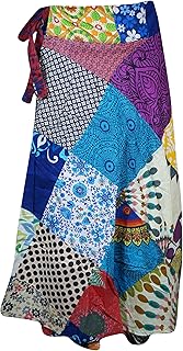 Mogul Interior Womens Cotton Wrap Skirt, Travel Midi Skirt, Floral Print Patchwork Blue Pink Skirt, One Size
