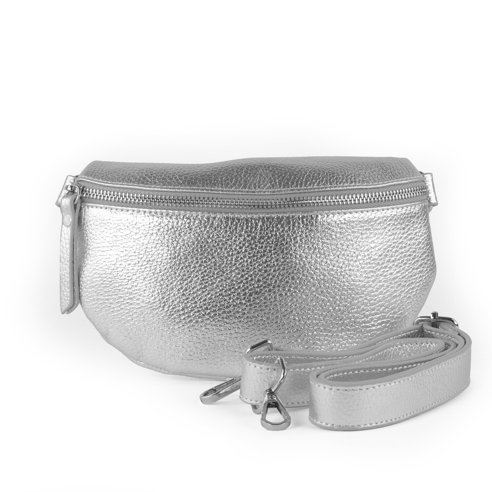 Leder Bauchtasche in metallic für Damen, Festival Tasche, Frauen Bauchtasche mit breitem Schultergurt, Kleine Umhängetasche, Crossbody Tasche, Geschenk für Damen (Silber, M)