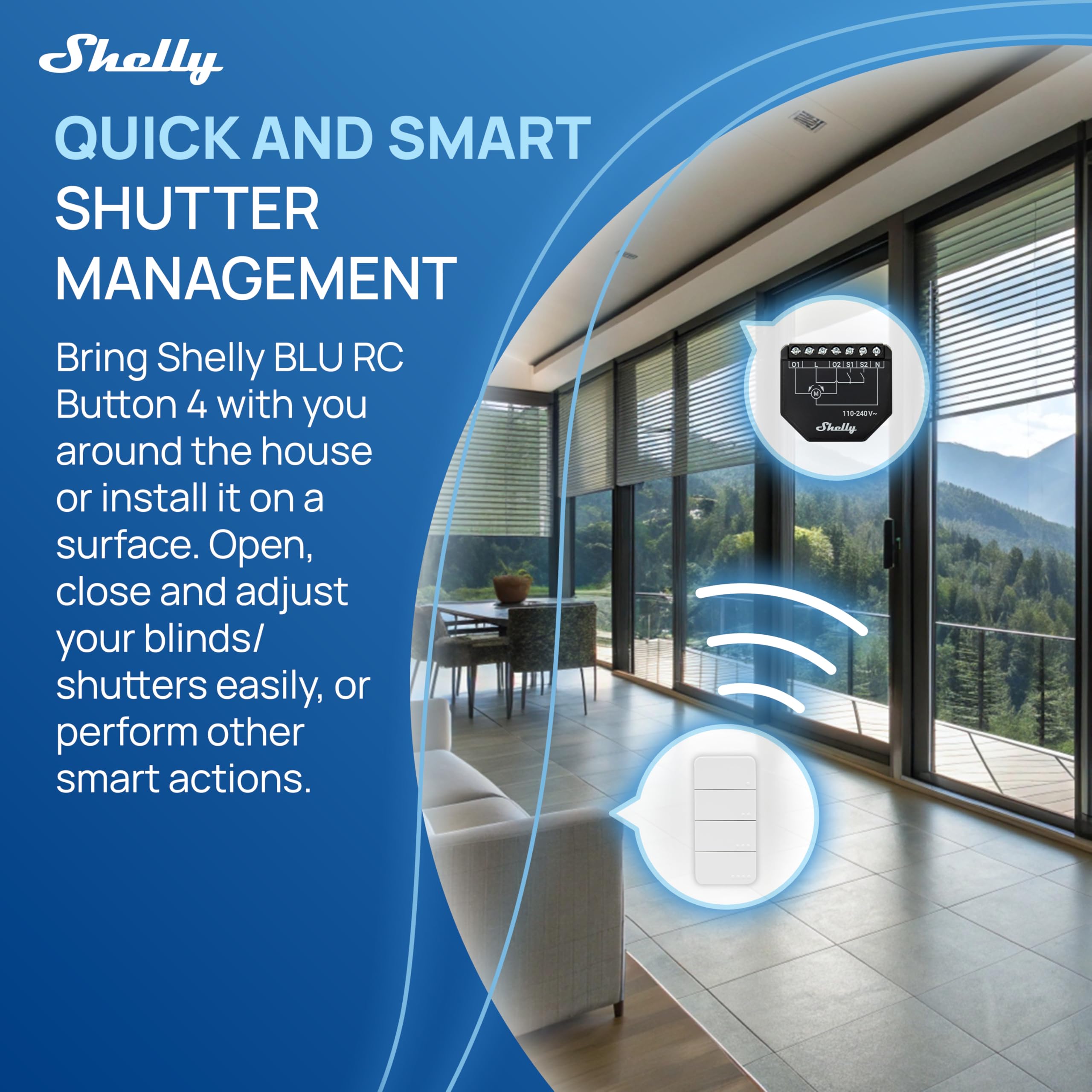 Shelly Shutter x2 & BLU RC Button 4 (Bundle) - Wi-Fi Interruttore a Relè Intelligente, 2 Canali, 4A, Monitora il Consumo di Energia, Tende & Tapparelle, Nessun Hub Richiesto, Alexa e Google Home
