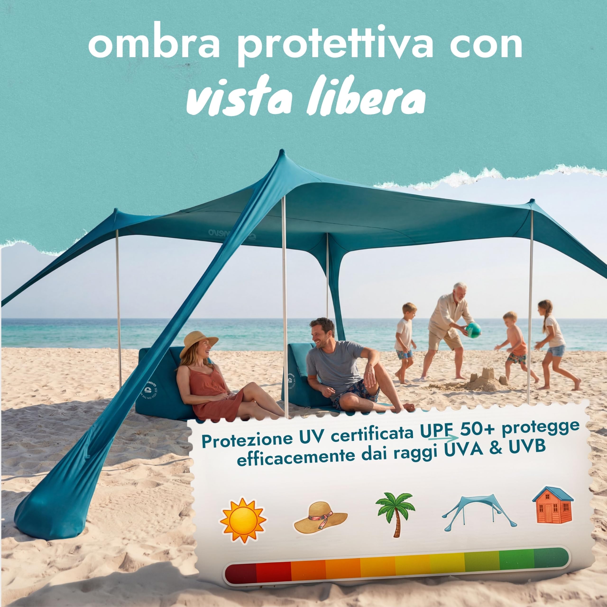 Sunsail Tenda da Spiaggia UPF50+ – Parasole ideale per mare e campeggio (fino a 6 persone, blu petrolio)